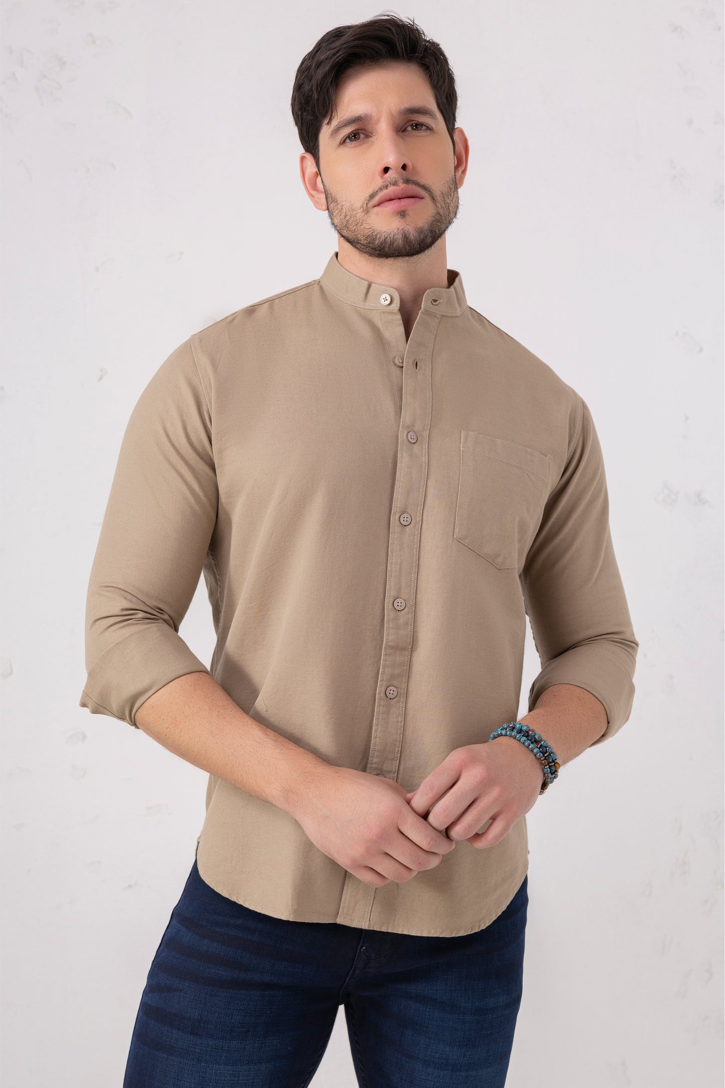 Sand Beige 100% Cotton Casual Mandarin Collar Shirt