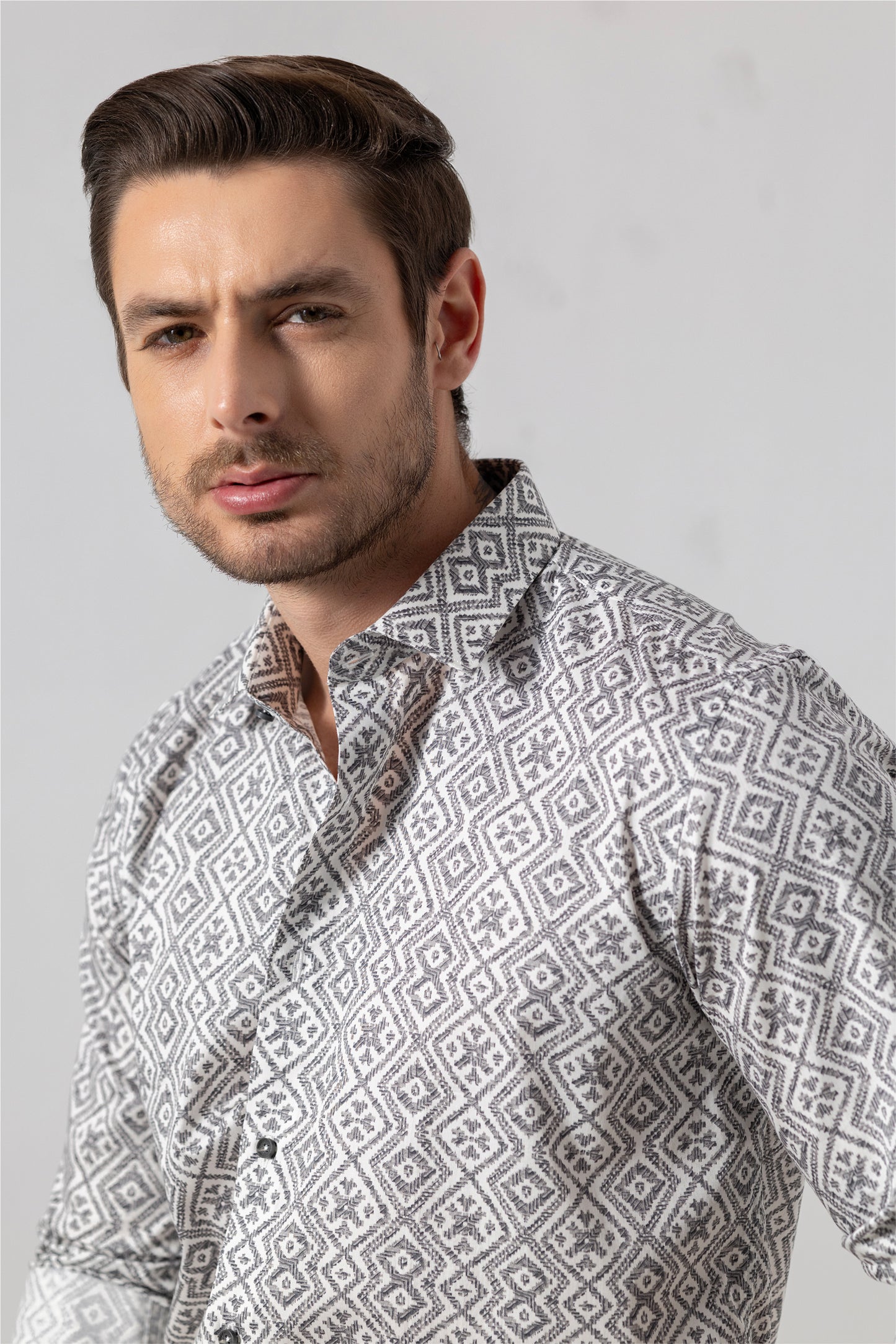 Geometric Grey Jacquard Cotton Shirt. Vyne by Urban Thing.
