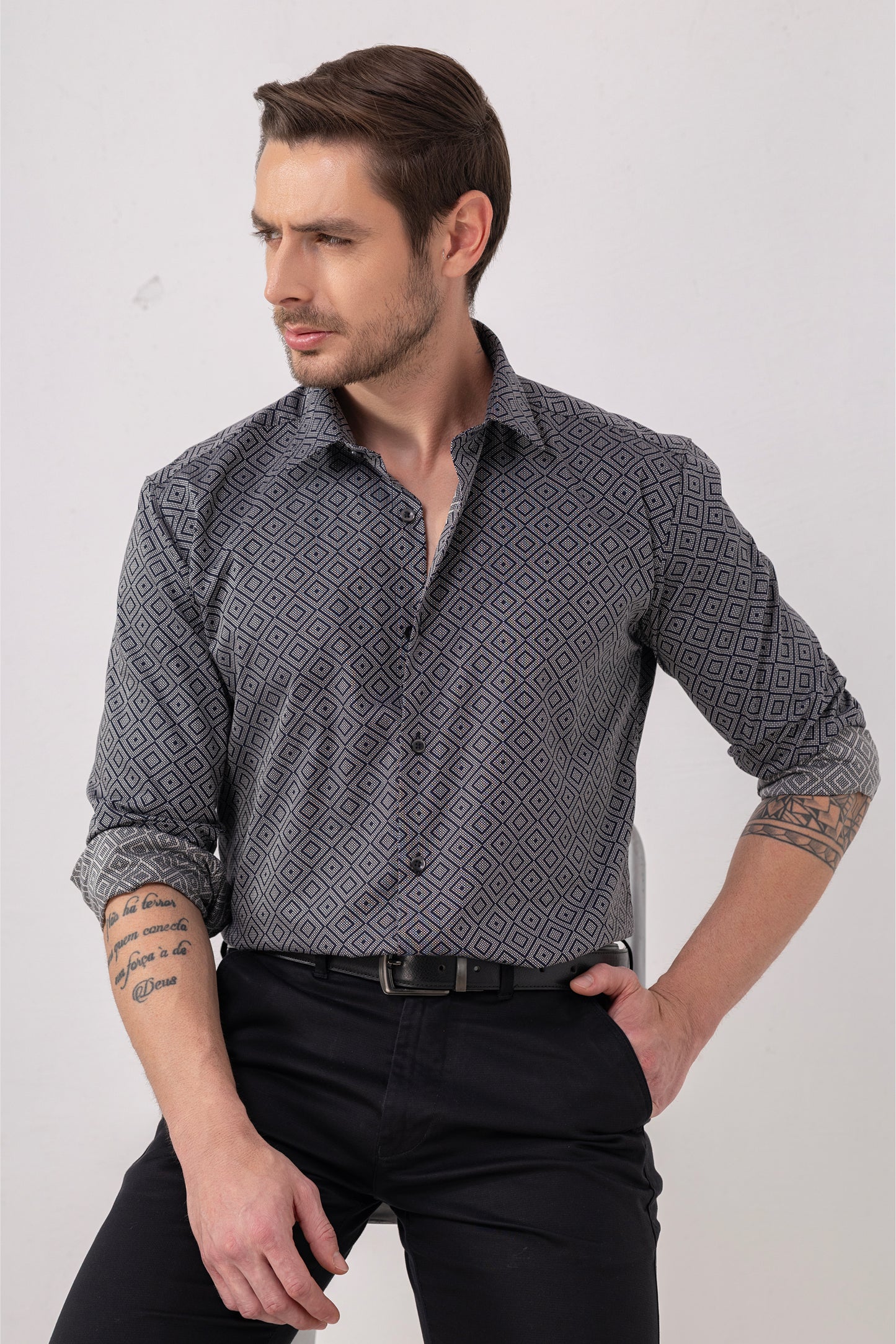 Midnight Navy Diamond Jacquard Cotton Shirt