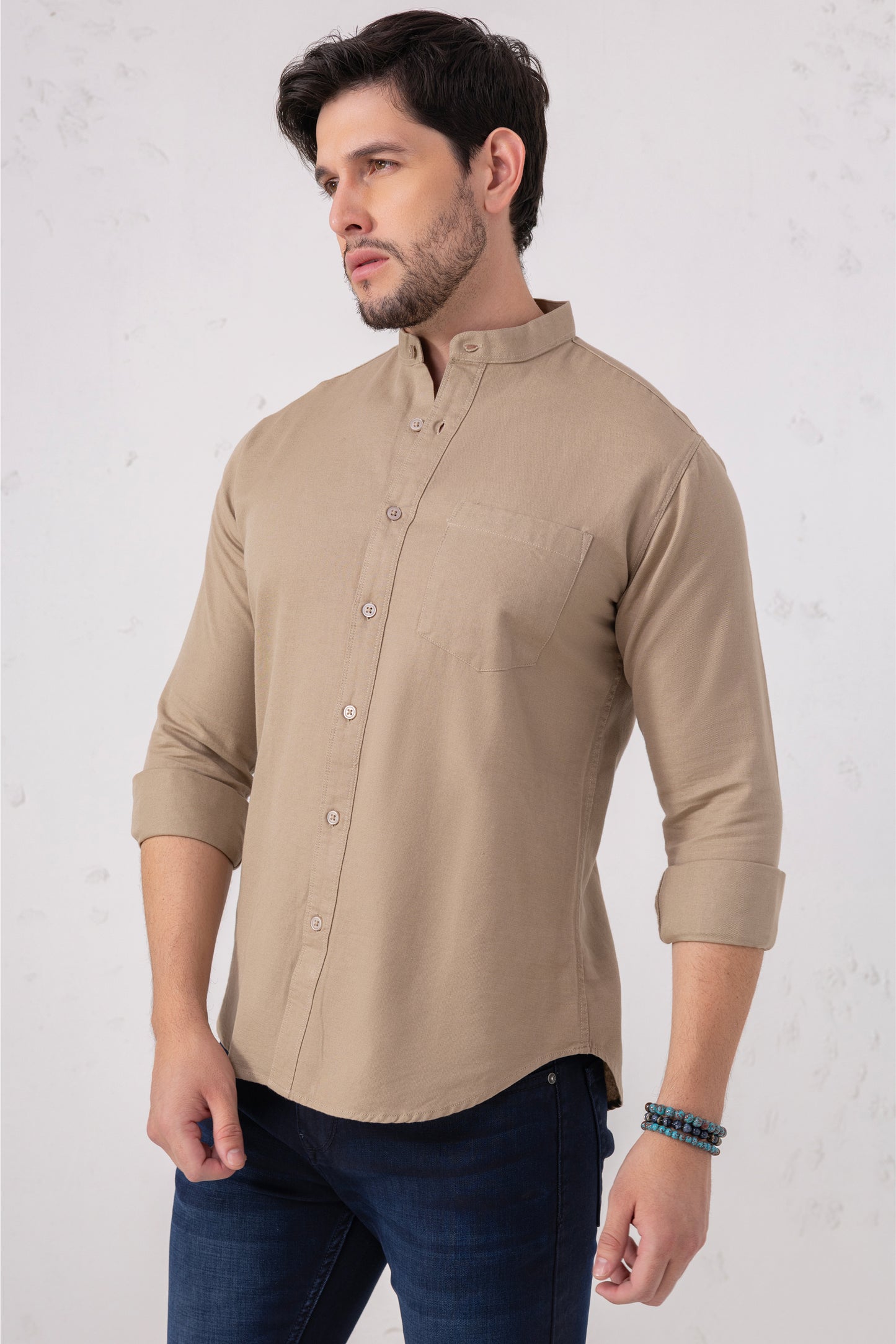 Sand Beige 100% Cotton Casual Mandarin Collar Shirt