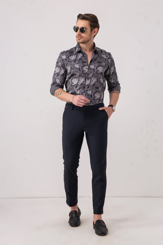 Grey Floral Jacquard Party Shirt – 100% Cotton. Vyne by Urban Thing.