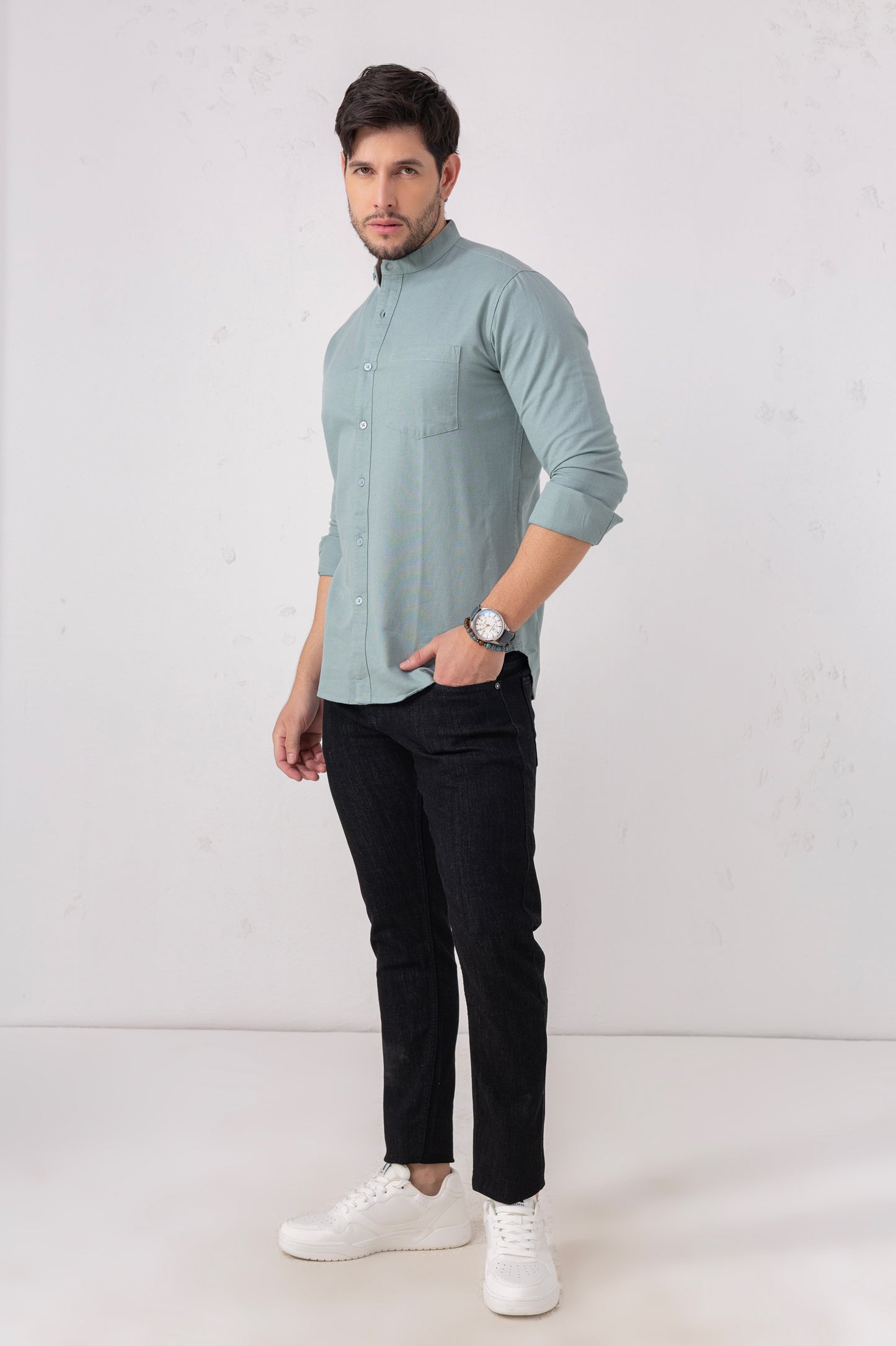 Sea Green 100% Cotton Casual Mandarin Collar Shirt