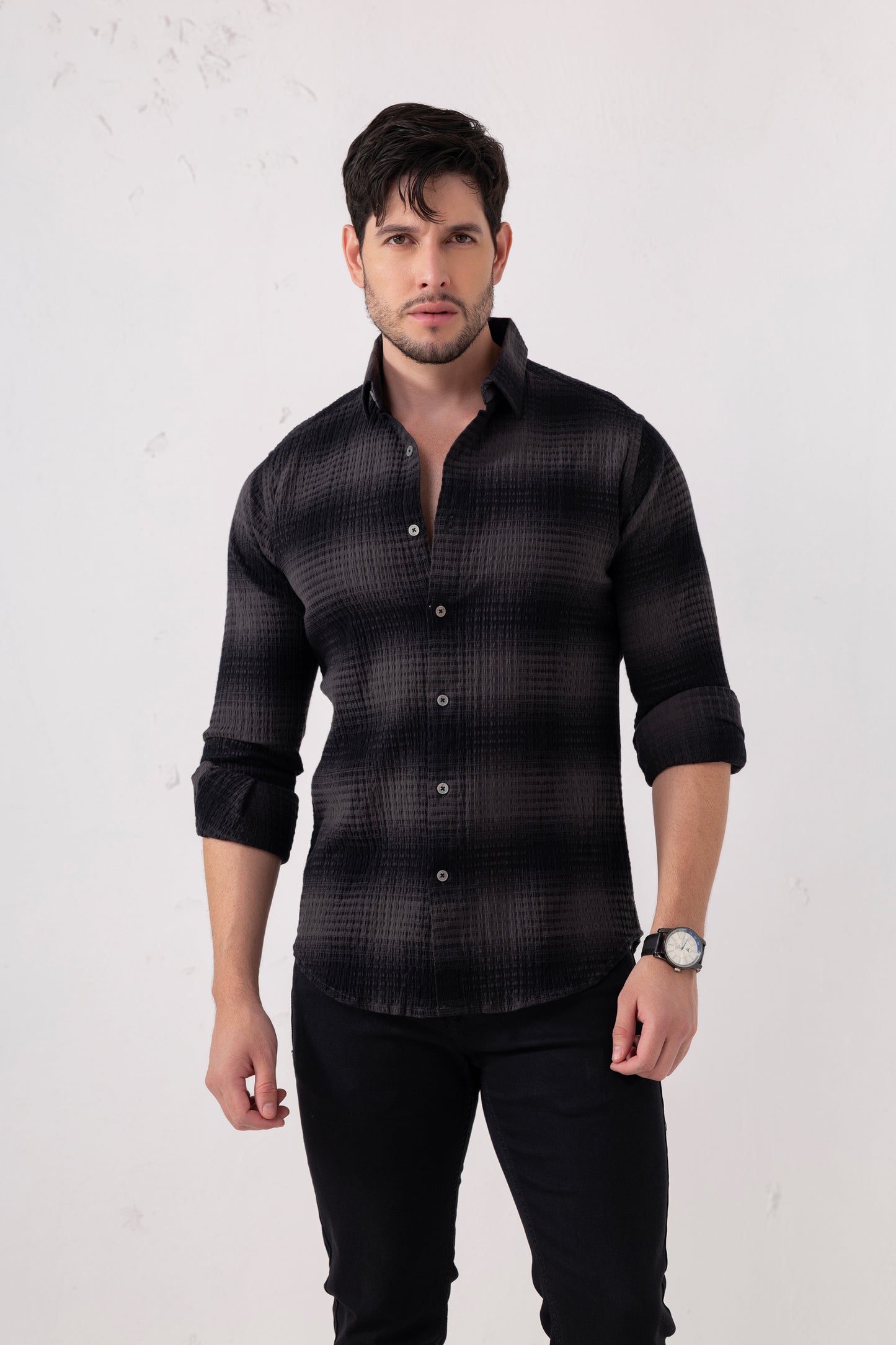 Black Waffle Checks Cotton Blend Casual Shirt – Modern Fit