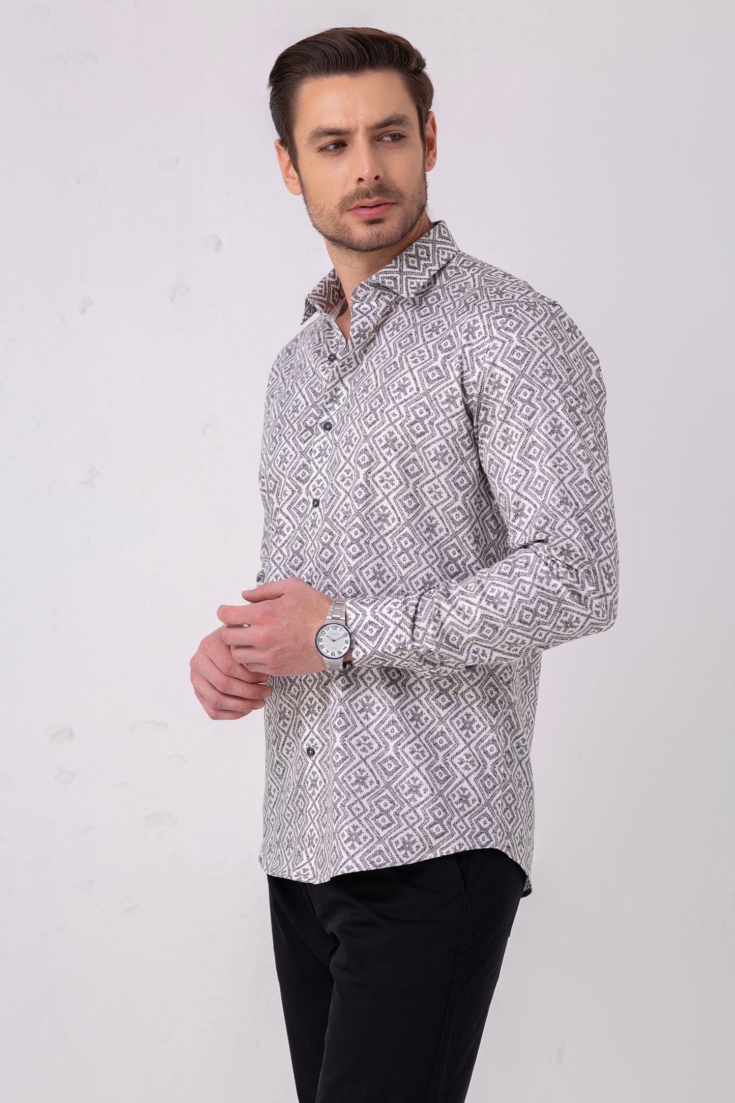Geometric Grey Jacquard Cotton Shirt. Vyne by Urban Thing.