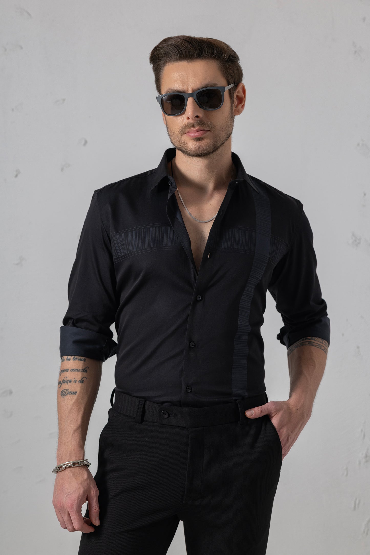 Textured Sophistication - Black Flat Weave Panel Shirt. Vyne by Urban Thing.