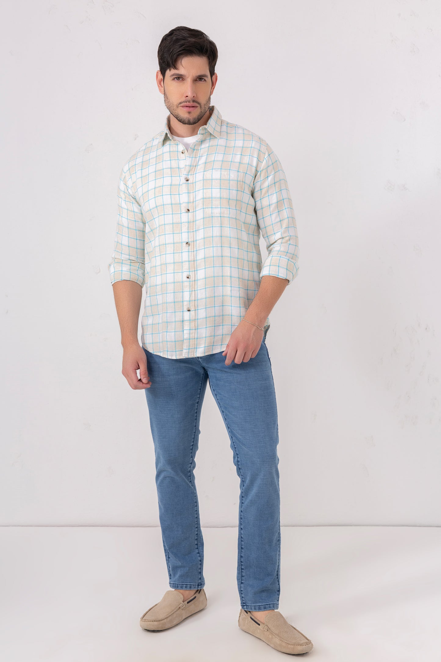 Beige & Blue Linen Blend Checked Casual Shirt