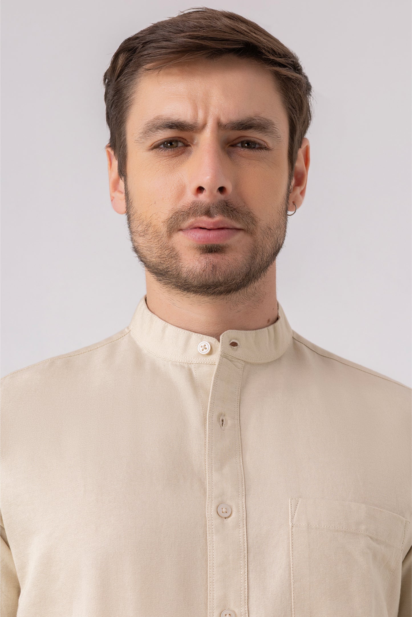 Beige 100% Cotton Mandarin Collar Casual Shirt