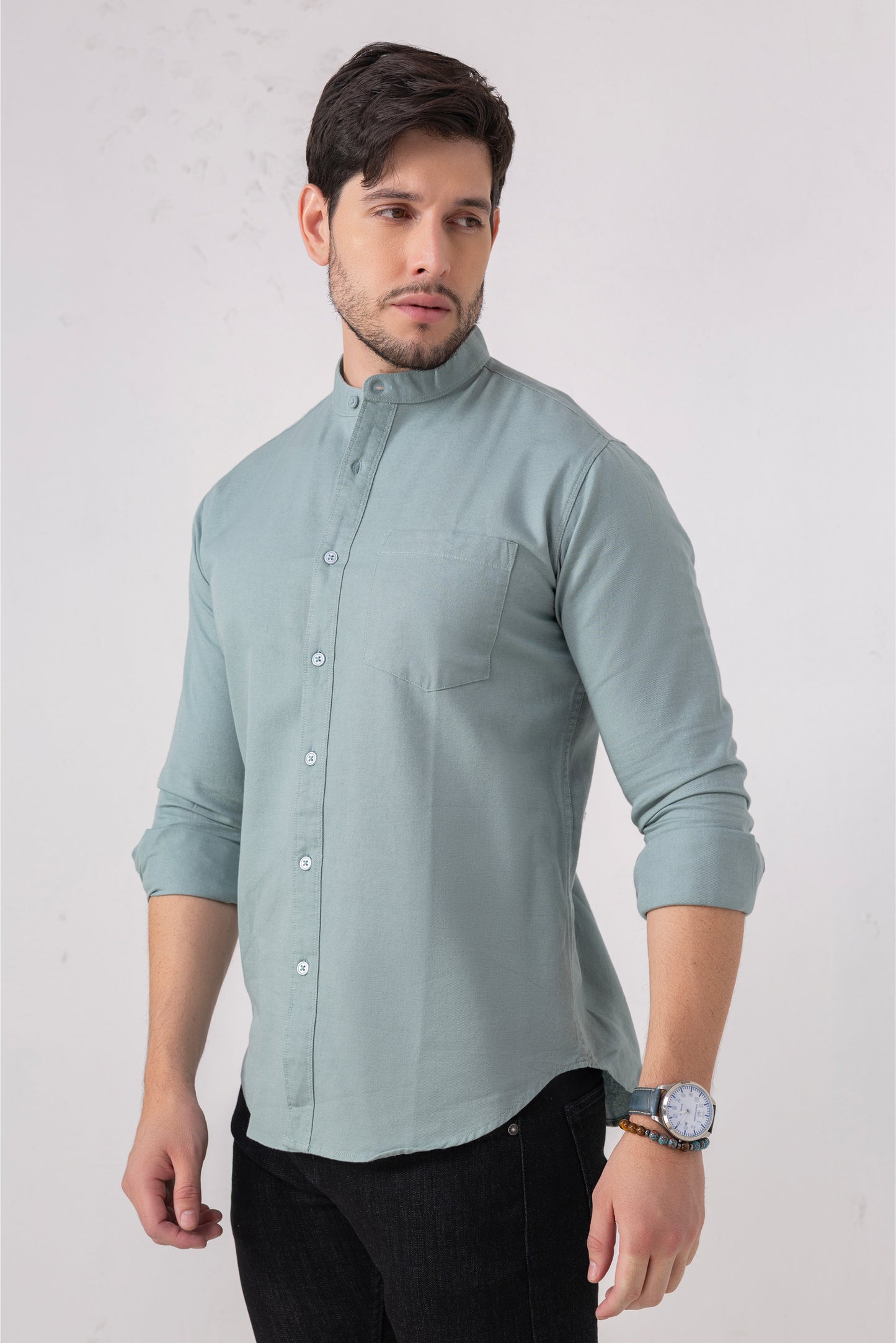 Sea Green 100% Cotton Casual Mandarin Collar Shirt