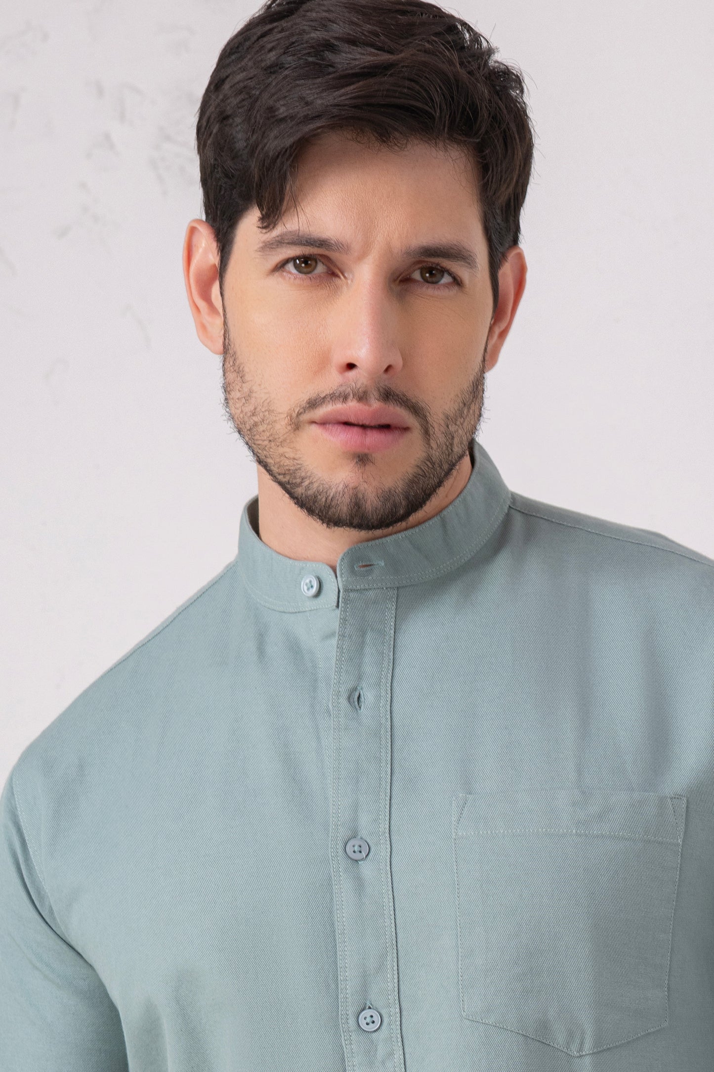 Sea Green 100% Cotton Casual Mandarin Collar Shirt