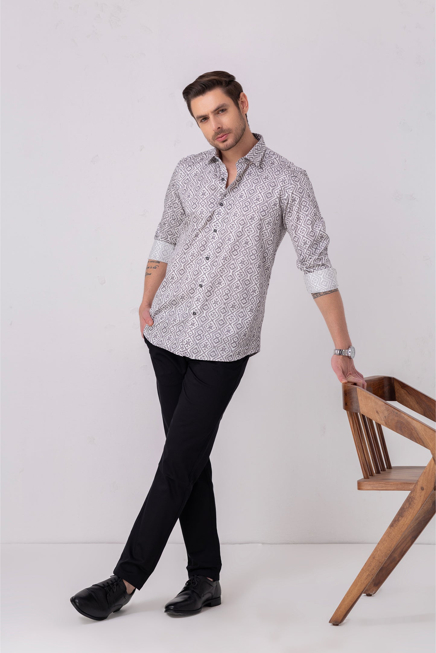 Geometric Grey Jacquard Cotton Shirt. Vyne by Urban Thing.