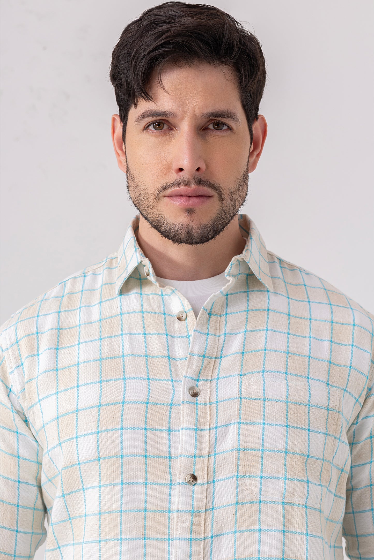 Beige & Blue Linen Blend Checked Casual Shirt