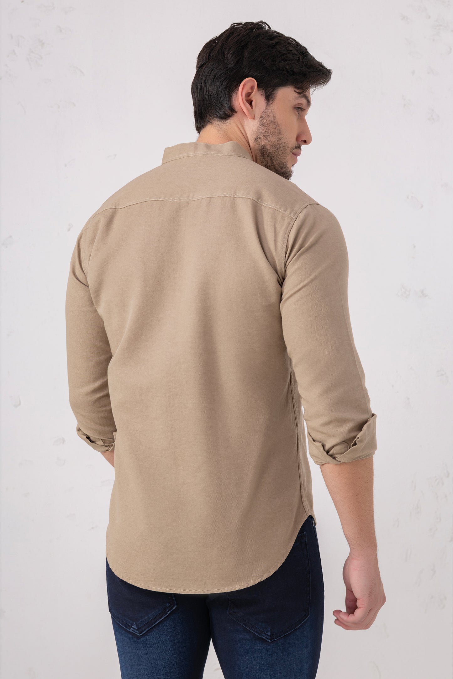 Sand Beige 100% Cotton Casual Mandarin Collar Shirt
