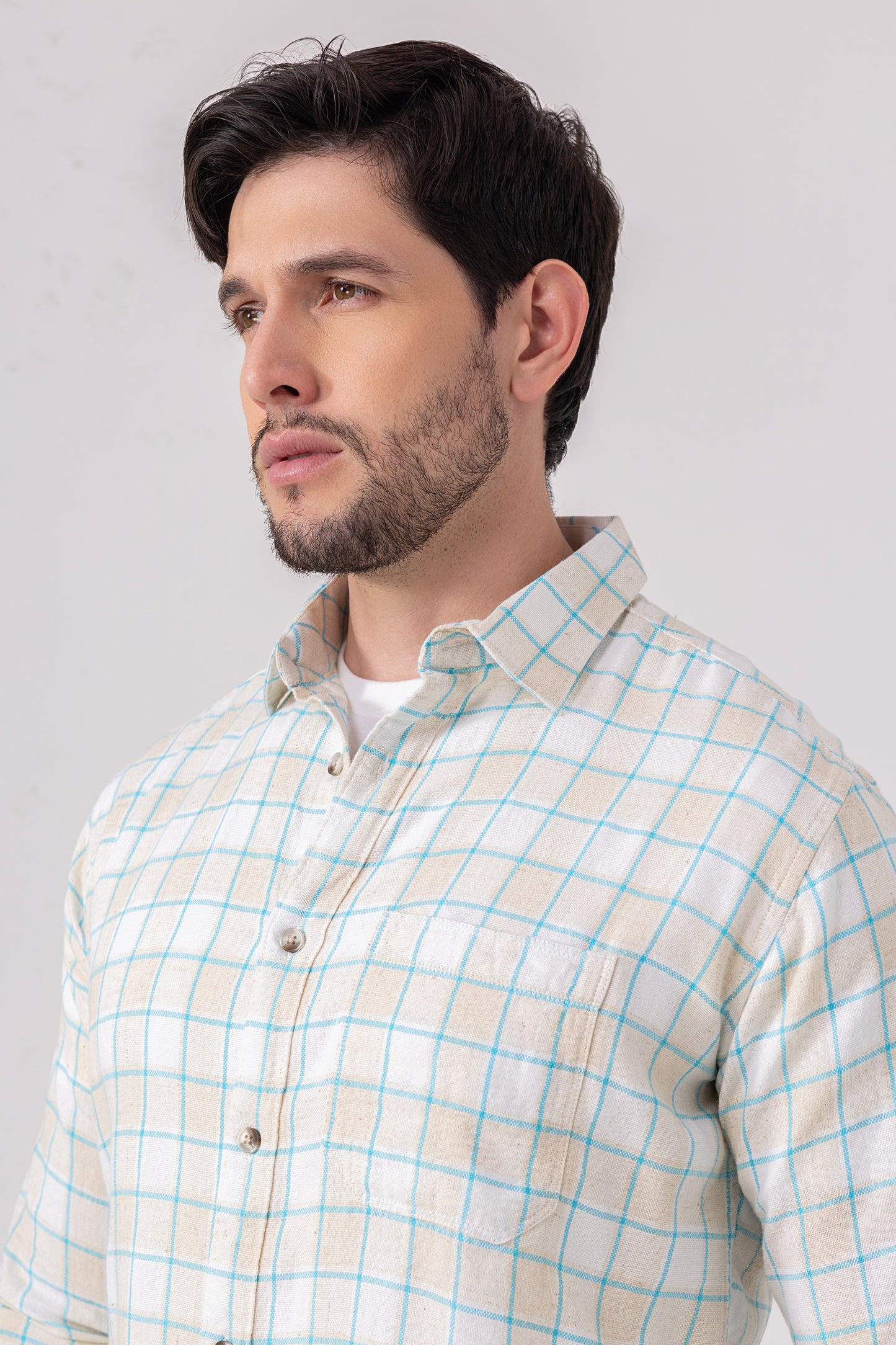 Beige & Blue Linen Blend Checked Casual Shirt