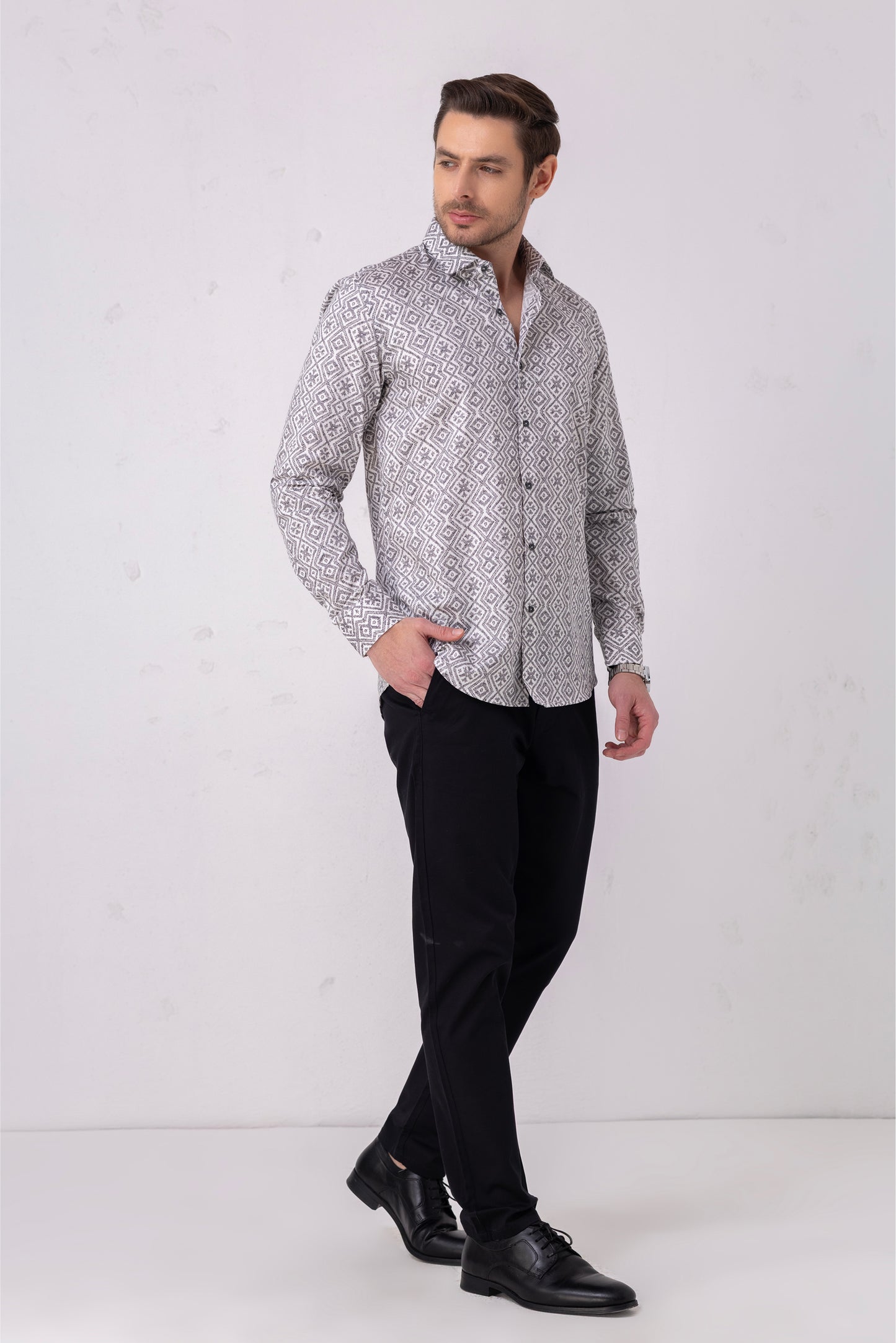 Geometric Grey Jacquard Cotton Shirt. Vyne by Urban Thing.
