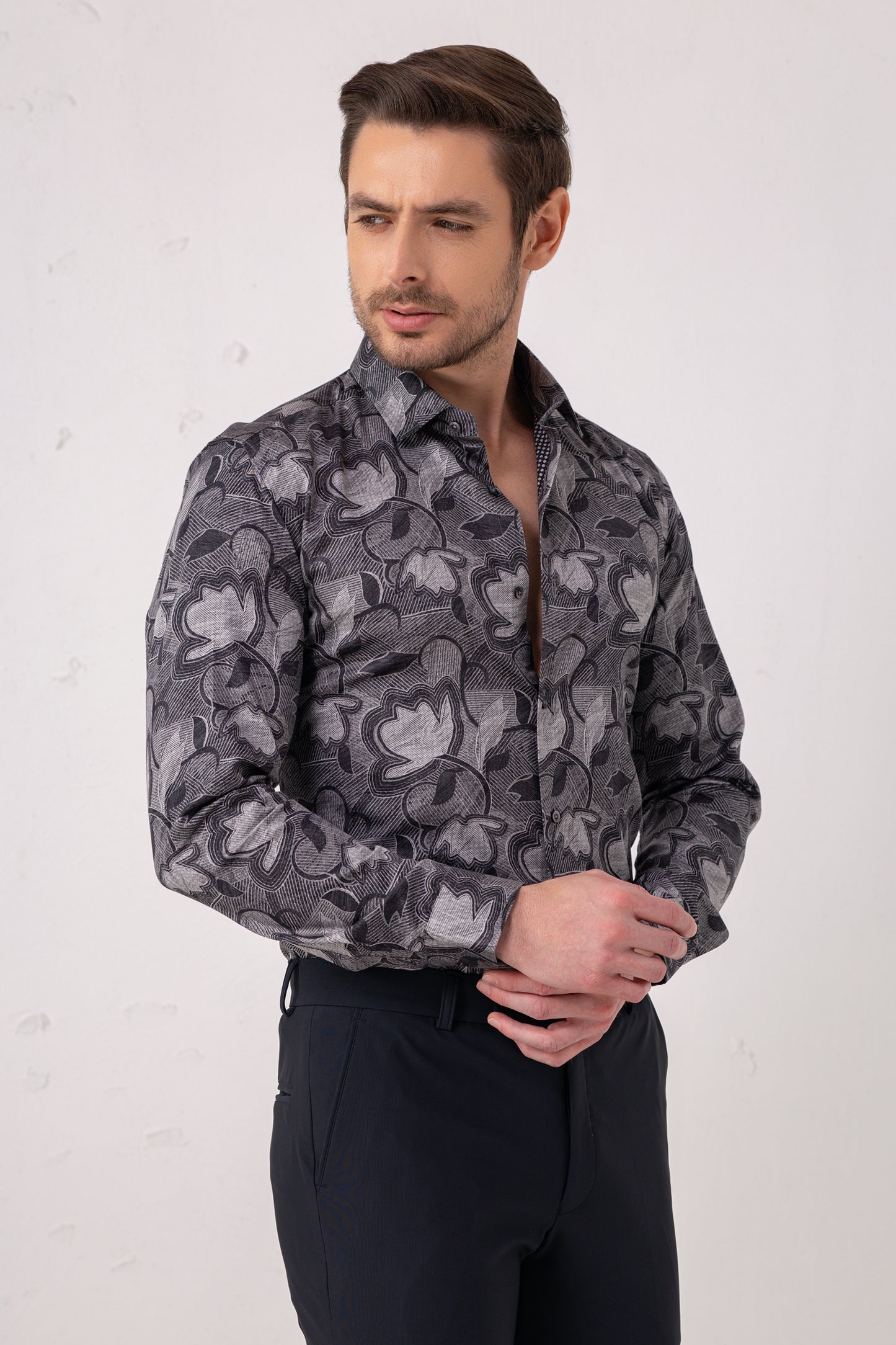 Grey Floral Jacquard Party Shirt – 100% Cotton. Vyne by Urban Thing.