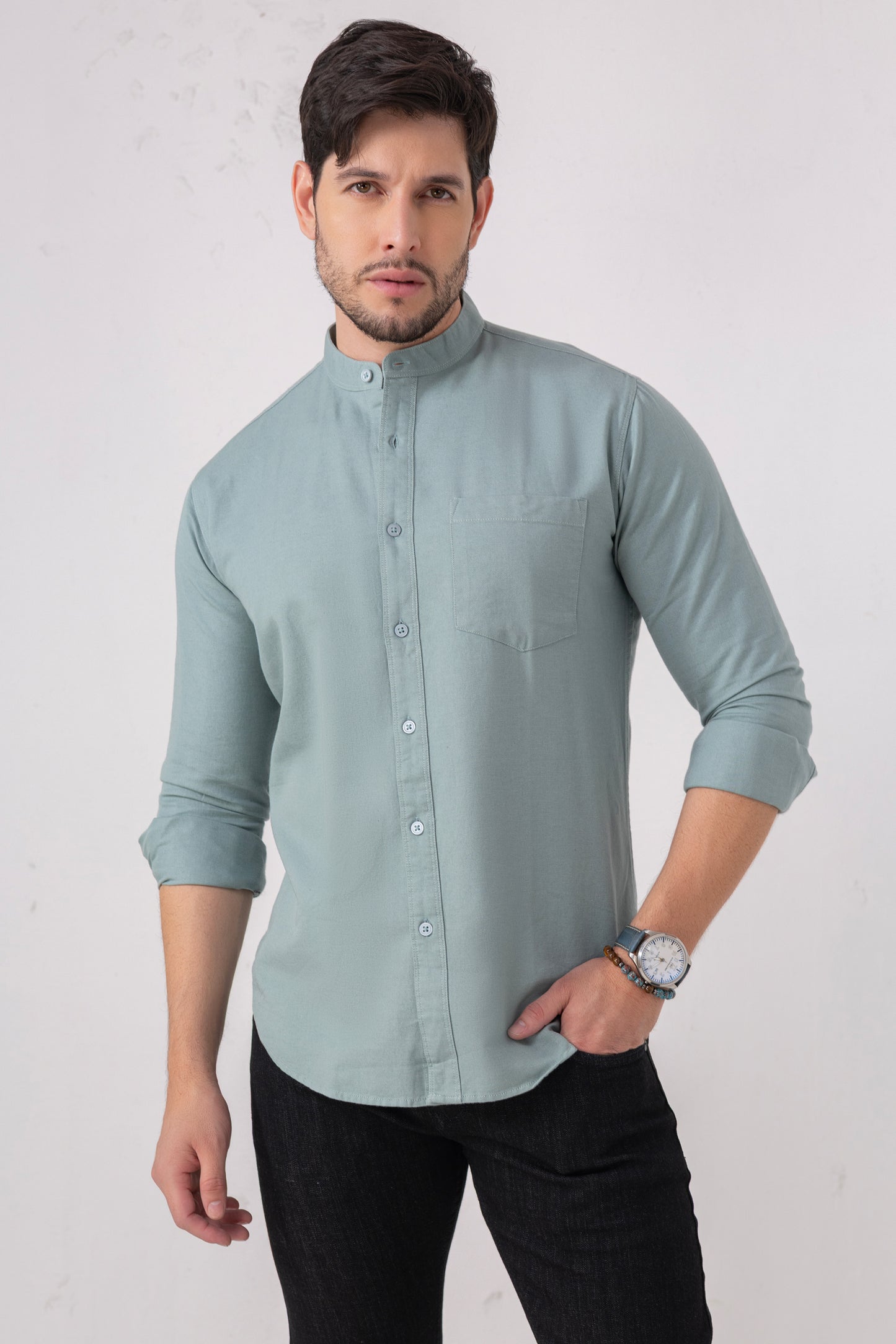 Sea Green 100% Cotton Casual Mandarin Collar Shirt