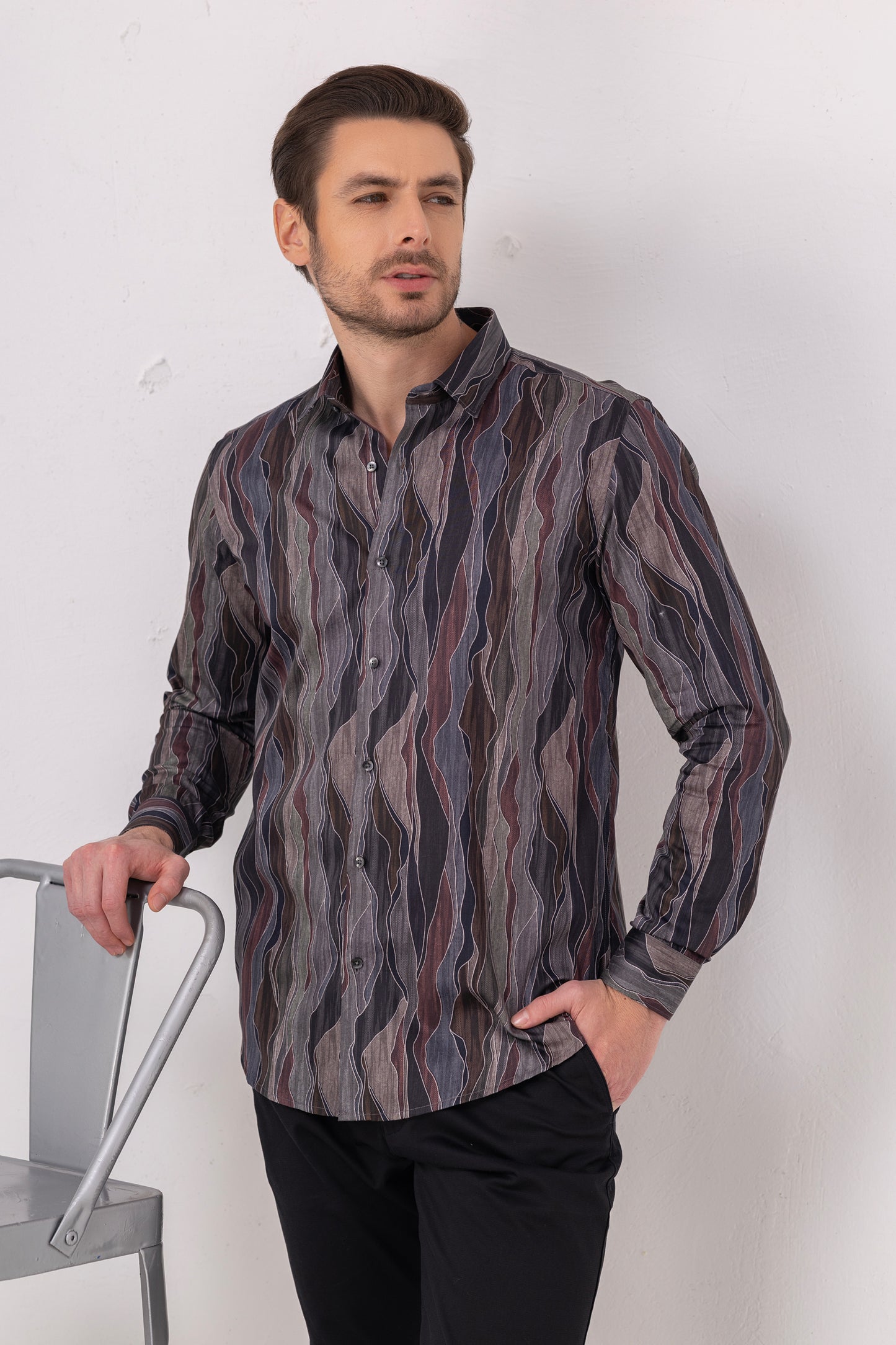 Abstract Artistry: 100% Cotton Wave Print Mastery Shirt. Vyne by Urban Thing.