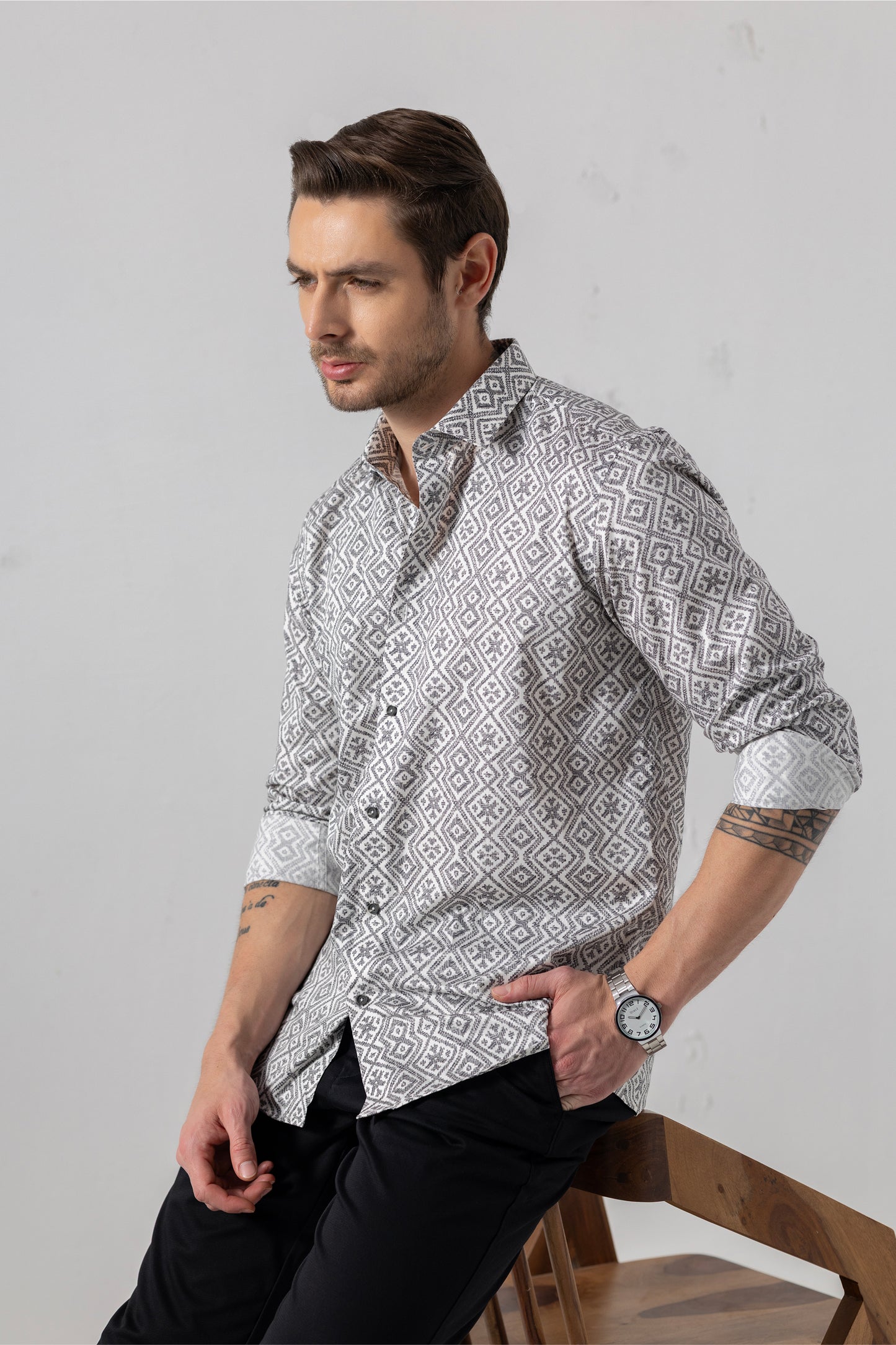 Geometric Grey Jacquard Cotton Shirt. Vyne by Urban Thing.
