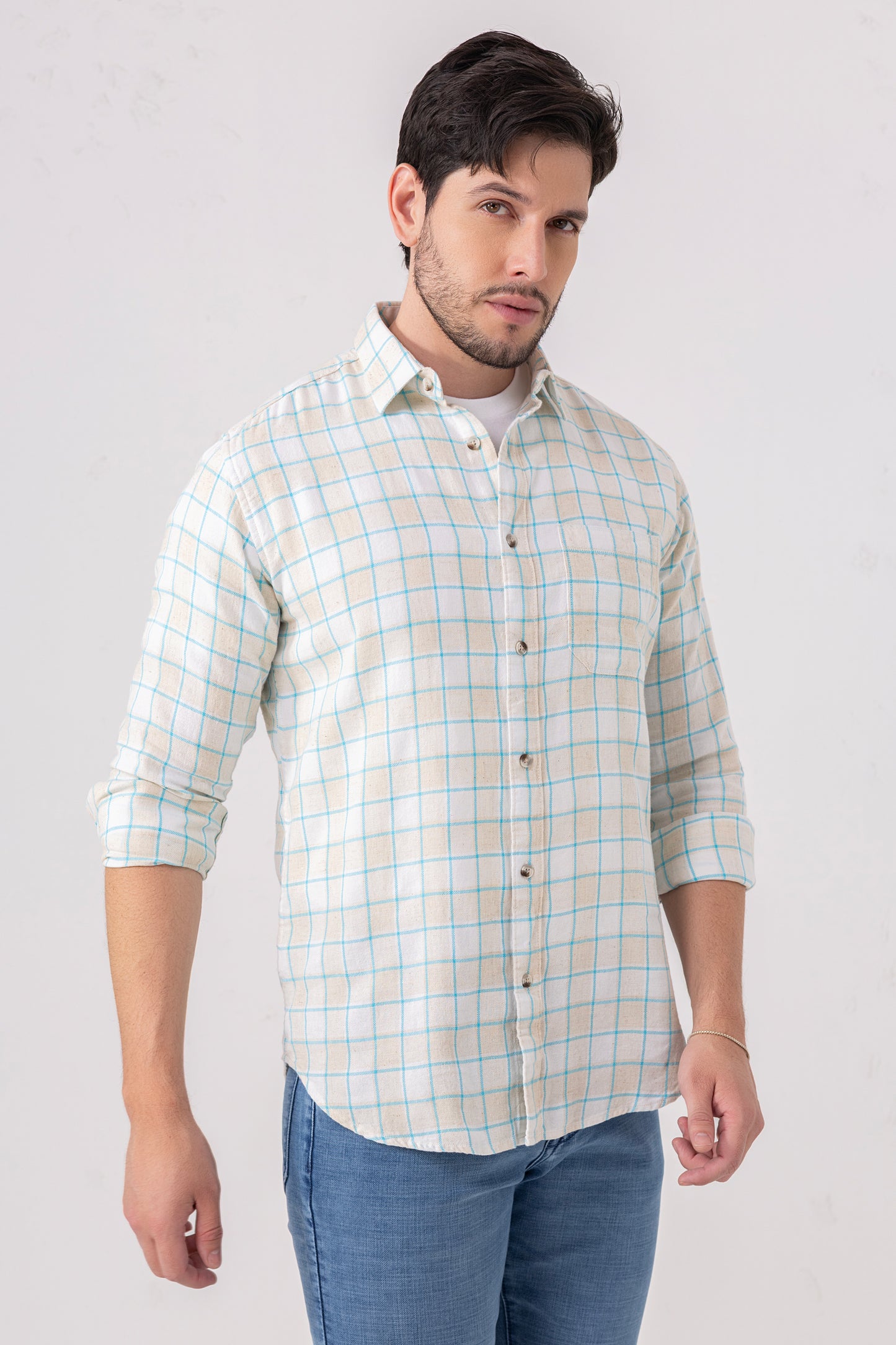 Beige & Blue Linen Blend Checked Casual Shirt