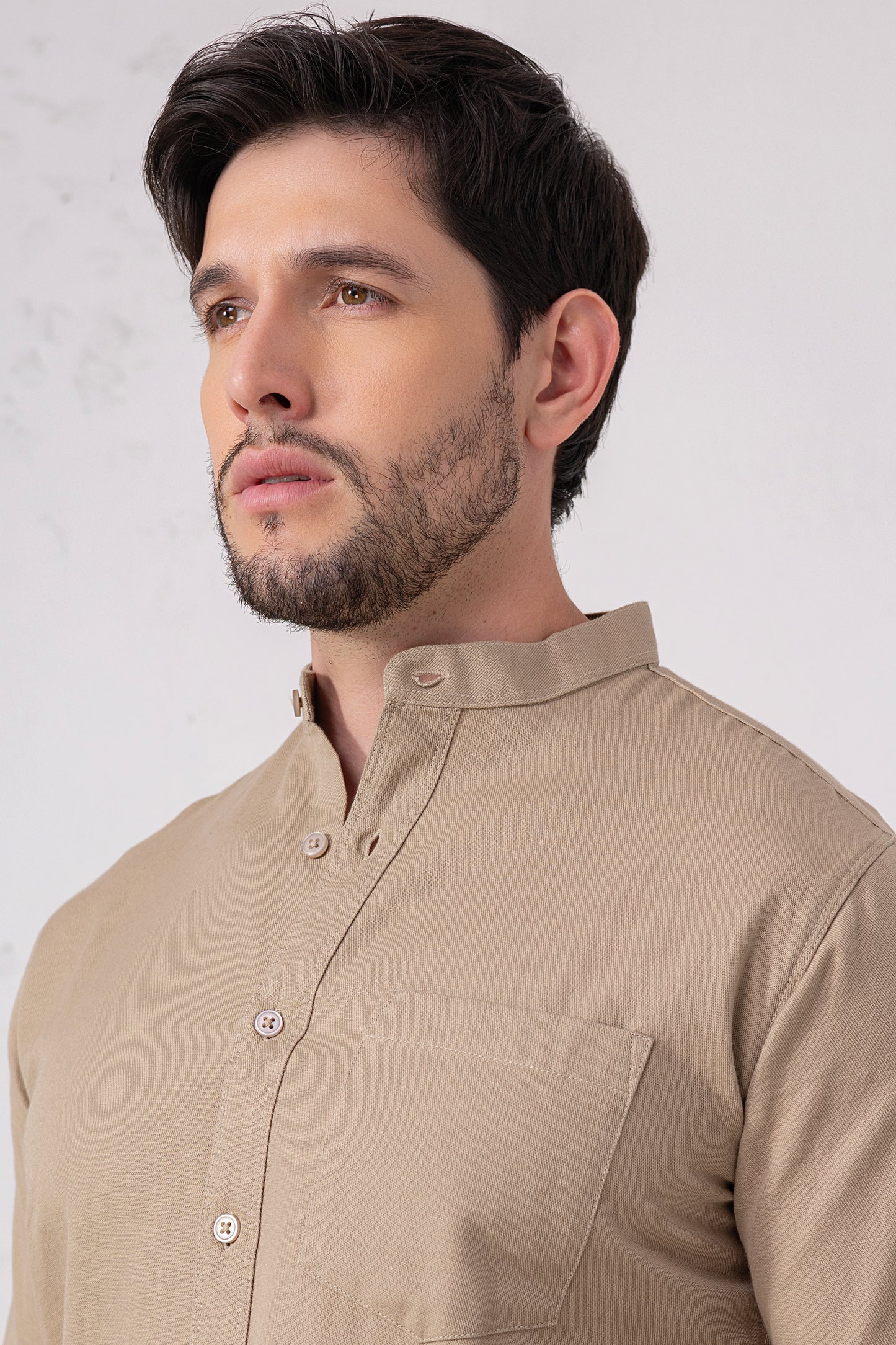 Sand Beige 100% Cotton Casual Mandarin Collar Shirt