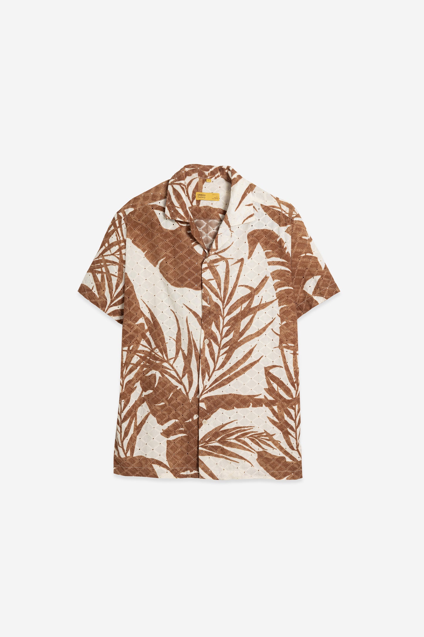 Men's Cotton Eyelet Leaf Print Shirt – Brown & White