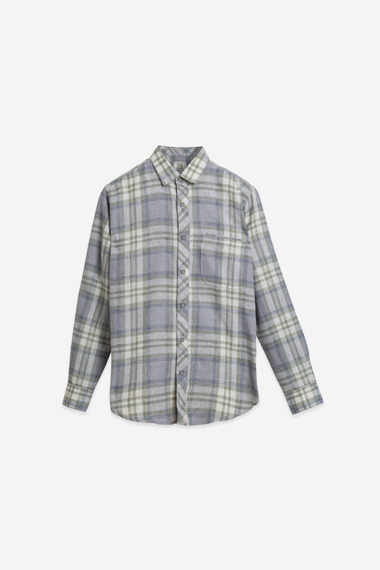Linen Blend Blue-Grey Check Shirt