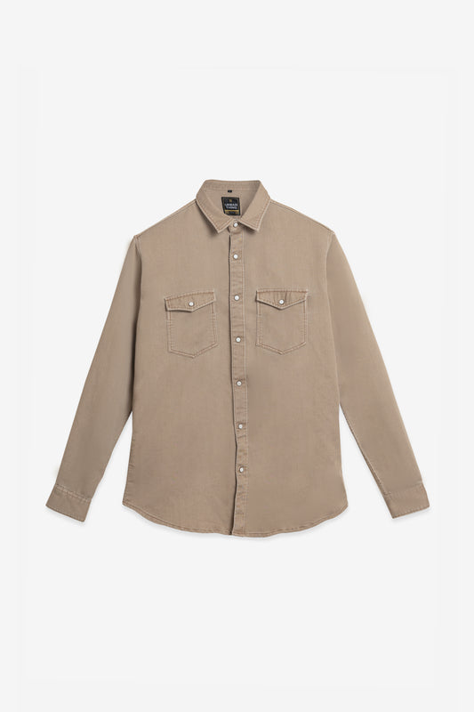 Beige Double-Pocket Denim Shirt – Full Sleeves