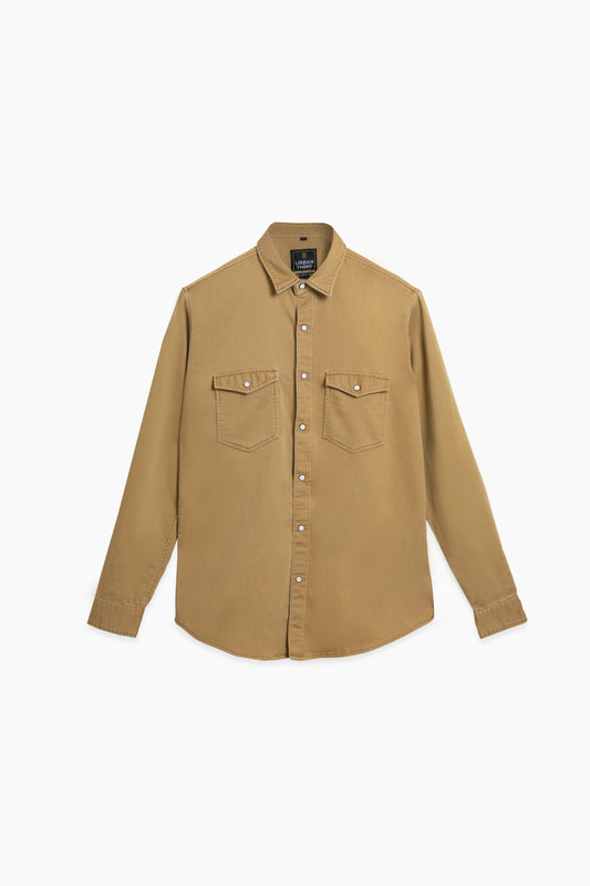 Khaki Double-Pocket Denim Shirt – Full Sleeves
