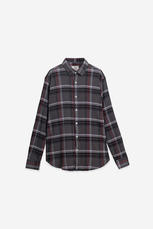 Cotton Blend Grey Burgundy Check Shirt – Long Sleeves