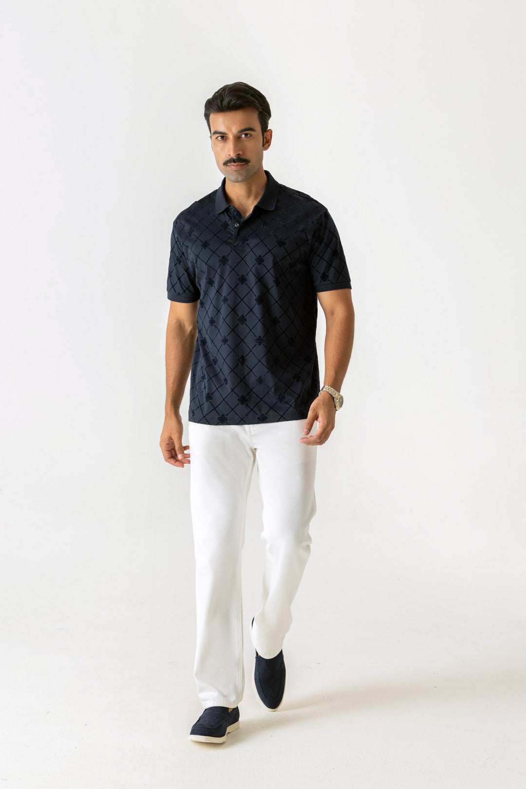 Flock Check Print Navy Colour Polo T-Shirt