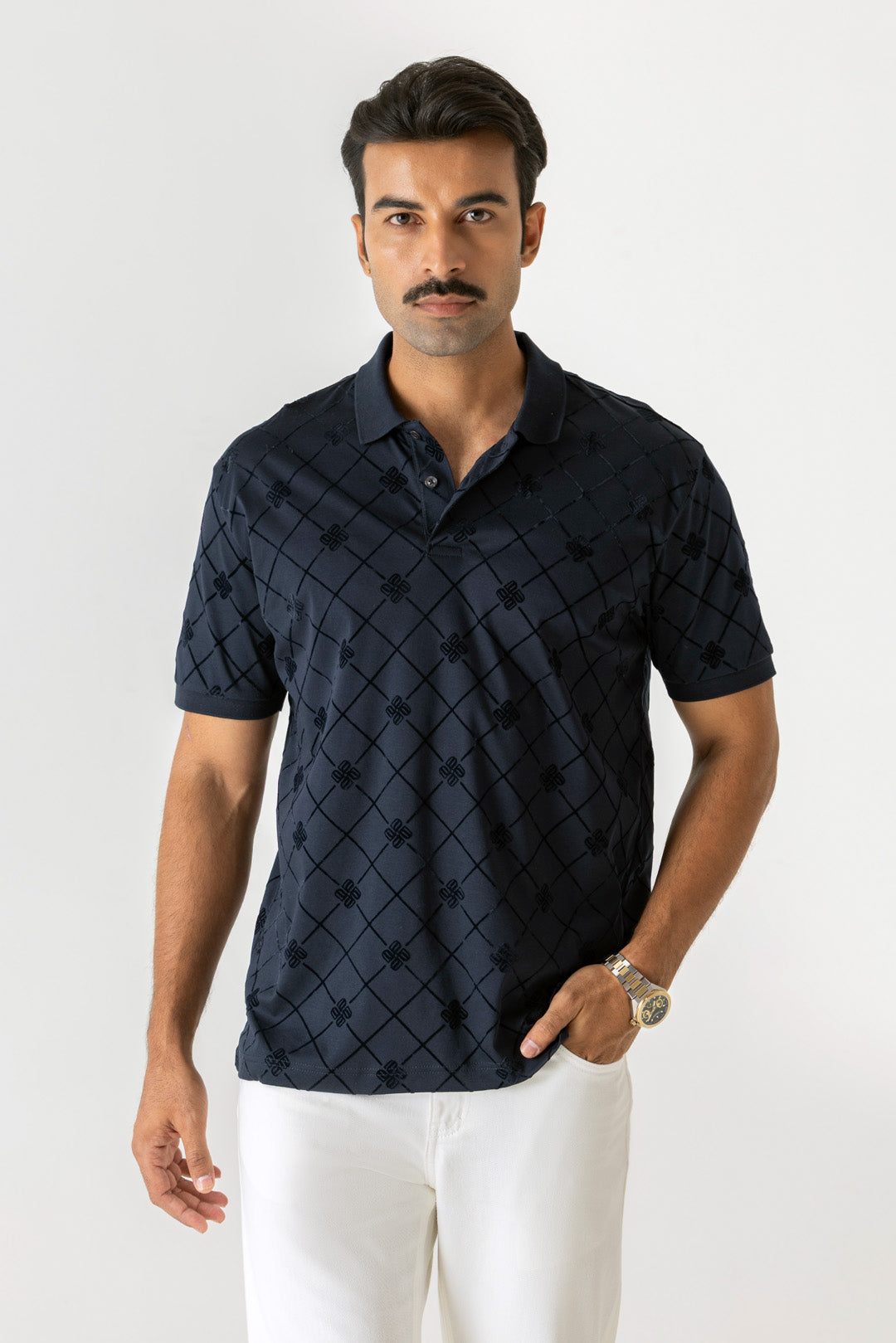 Flock Check Print Navy Colour Polo T-Shirt