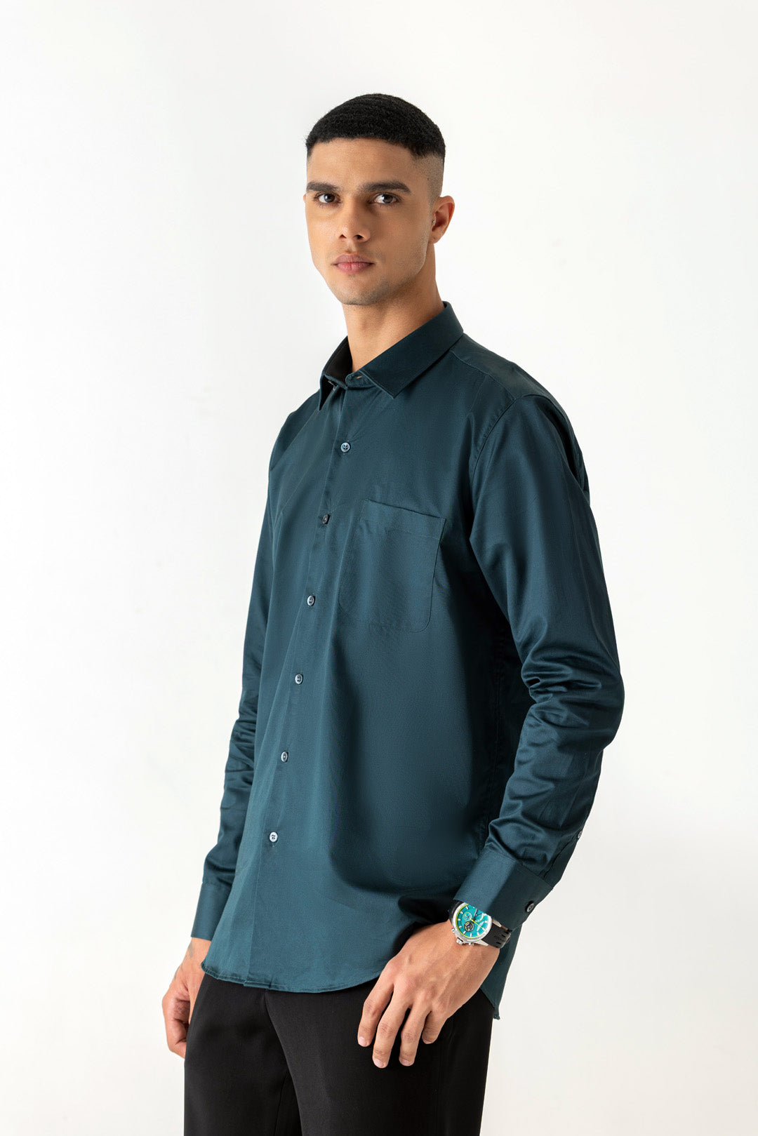 Bottle Green Colour Regular Collar Satin Finish Full Sleeve Shirt