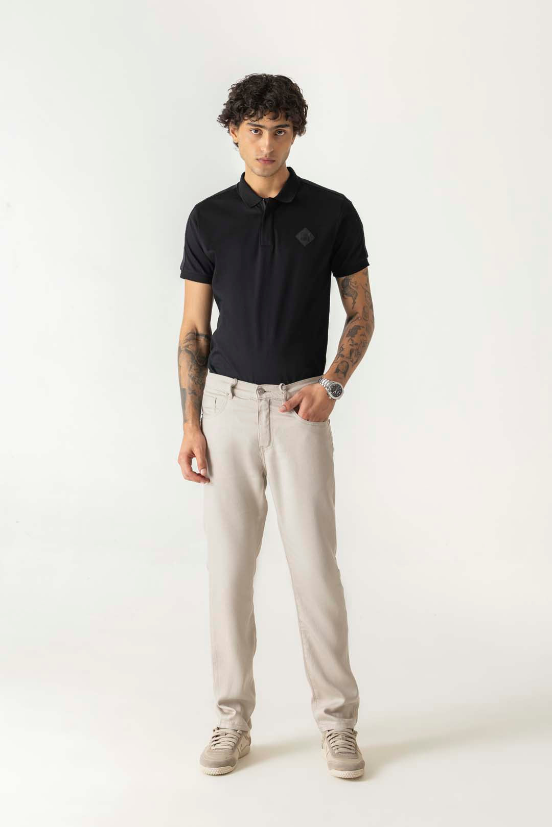 Slim Straight Beige Colour Trousers With Half Belt Half Elastic Waist