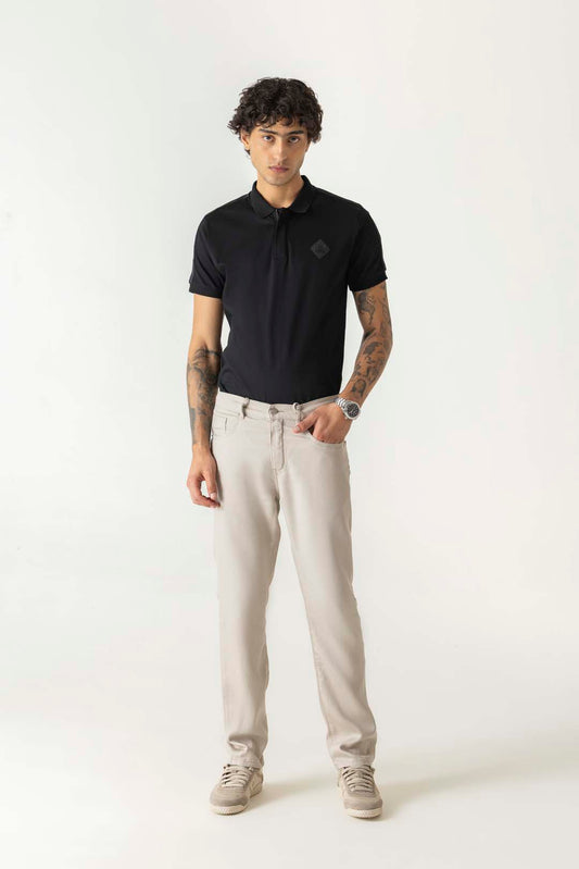Slim Straight Beige Colour Trousers With Half Belt Half Elastic Waist