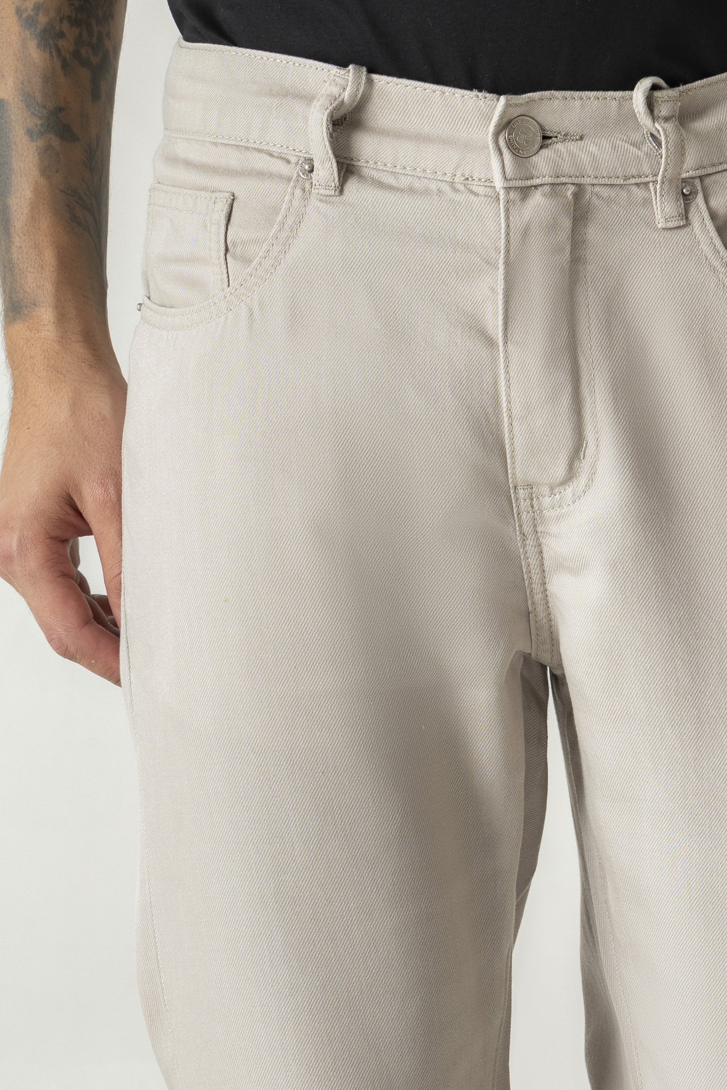 Slim Straight Beige Colour Trousers With Half Belt Half Elastic Waist