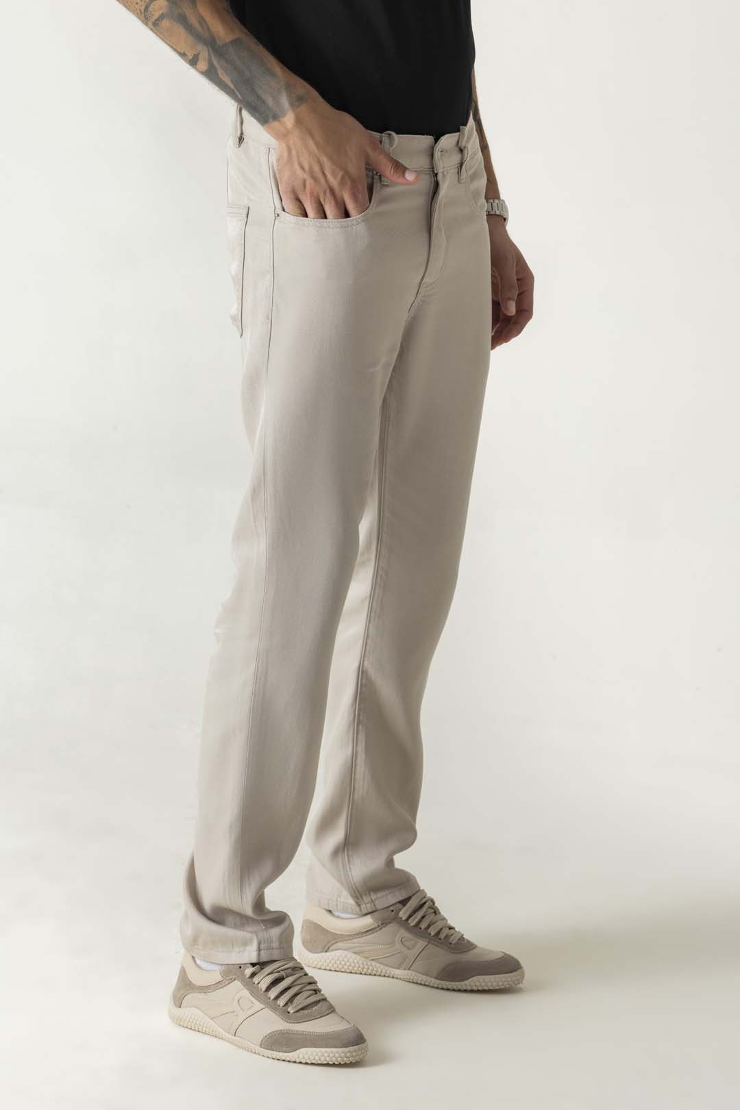 Slim Straight Beige Colour Trousers With Half Belt Half Elastic Waist
