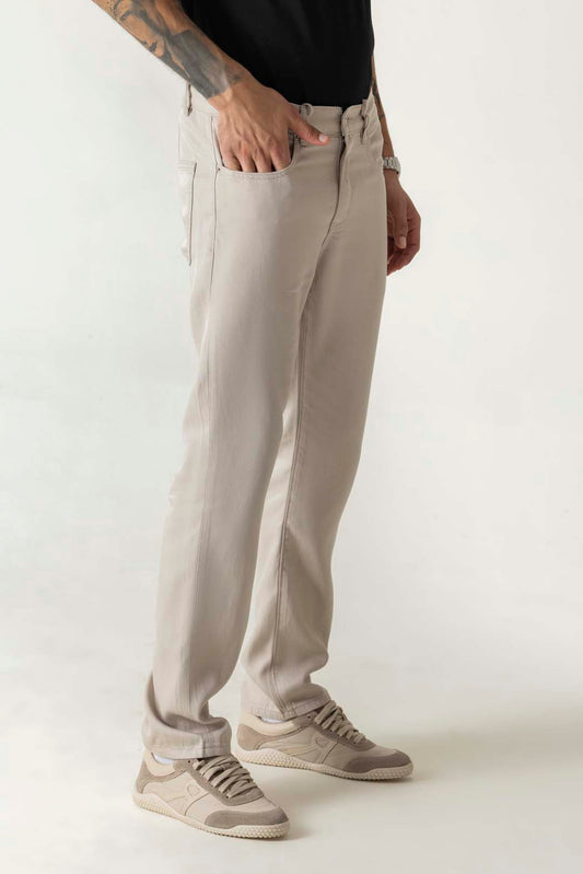 Slim Straight Beige Colour Jeans With Half Belt Half Elastic Waist