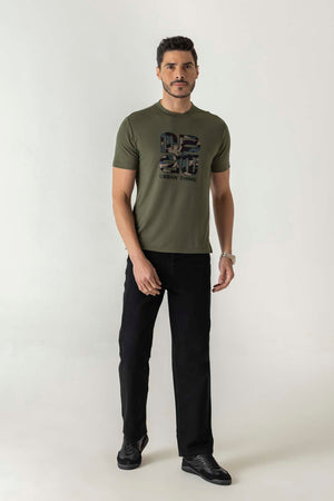 Flow Print Olive Colour Crew Neck T-Shirt