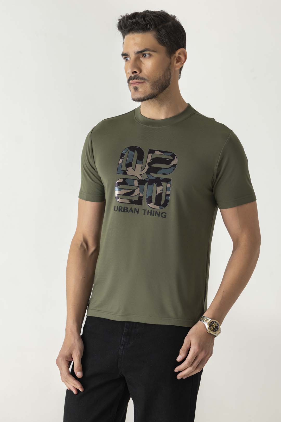 Flow Print Olive Colour Crew Neck T-Shirt