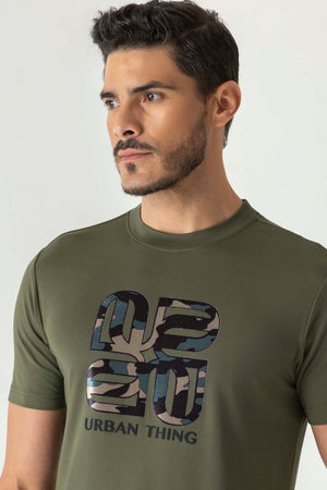 Flow Print Olive Colour Crew Neck T-Shirt
