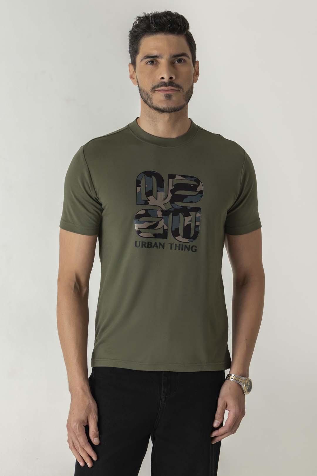 Flow Print Olive Colour Crew Neck T-Shirt