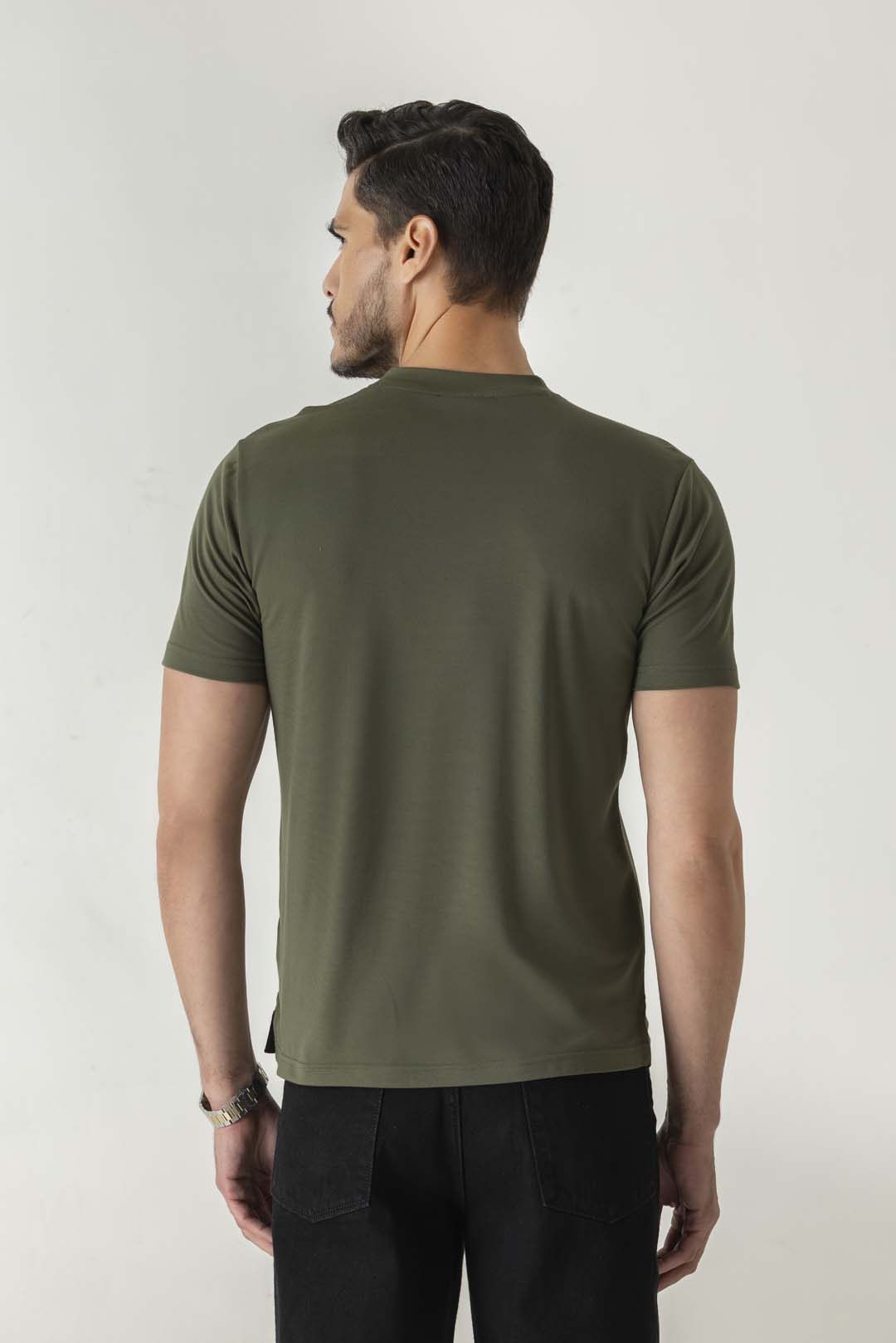 Flow Print Olive Colour Crew Neck T-Shirt