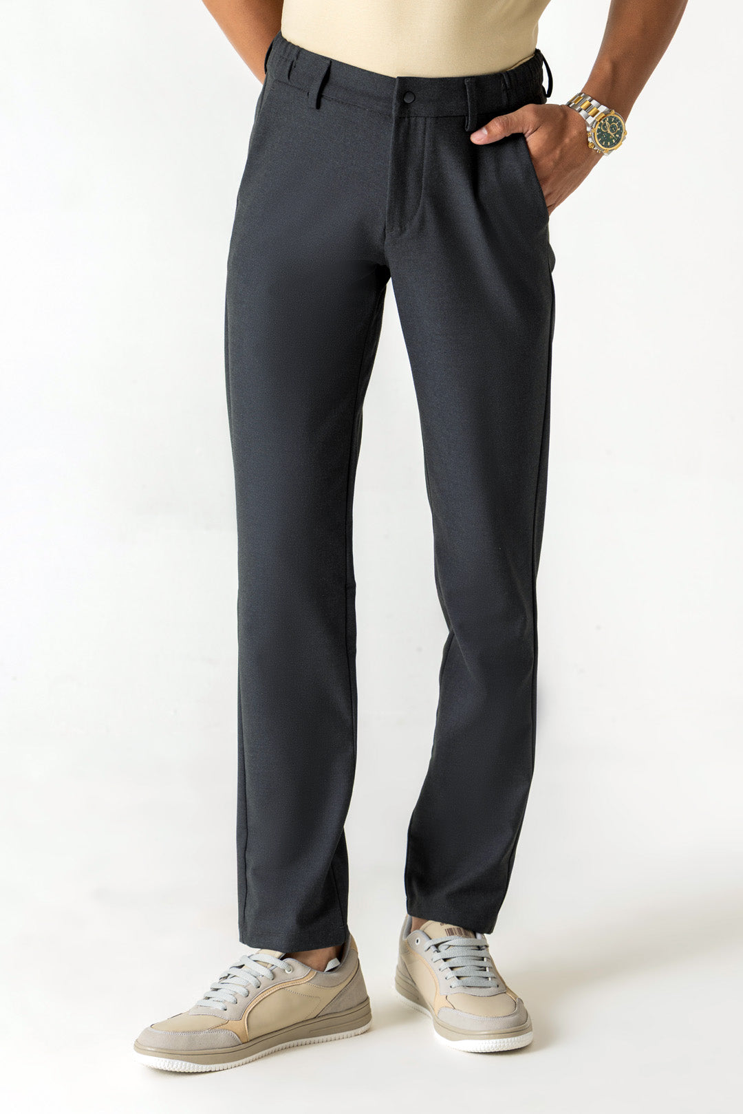 Comfort Expand Waist Slim Straight Dark Grey Colour Trousers