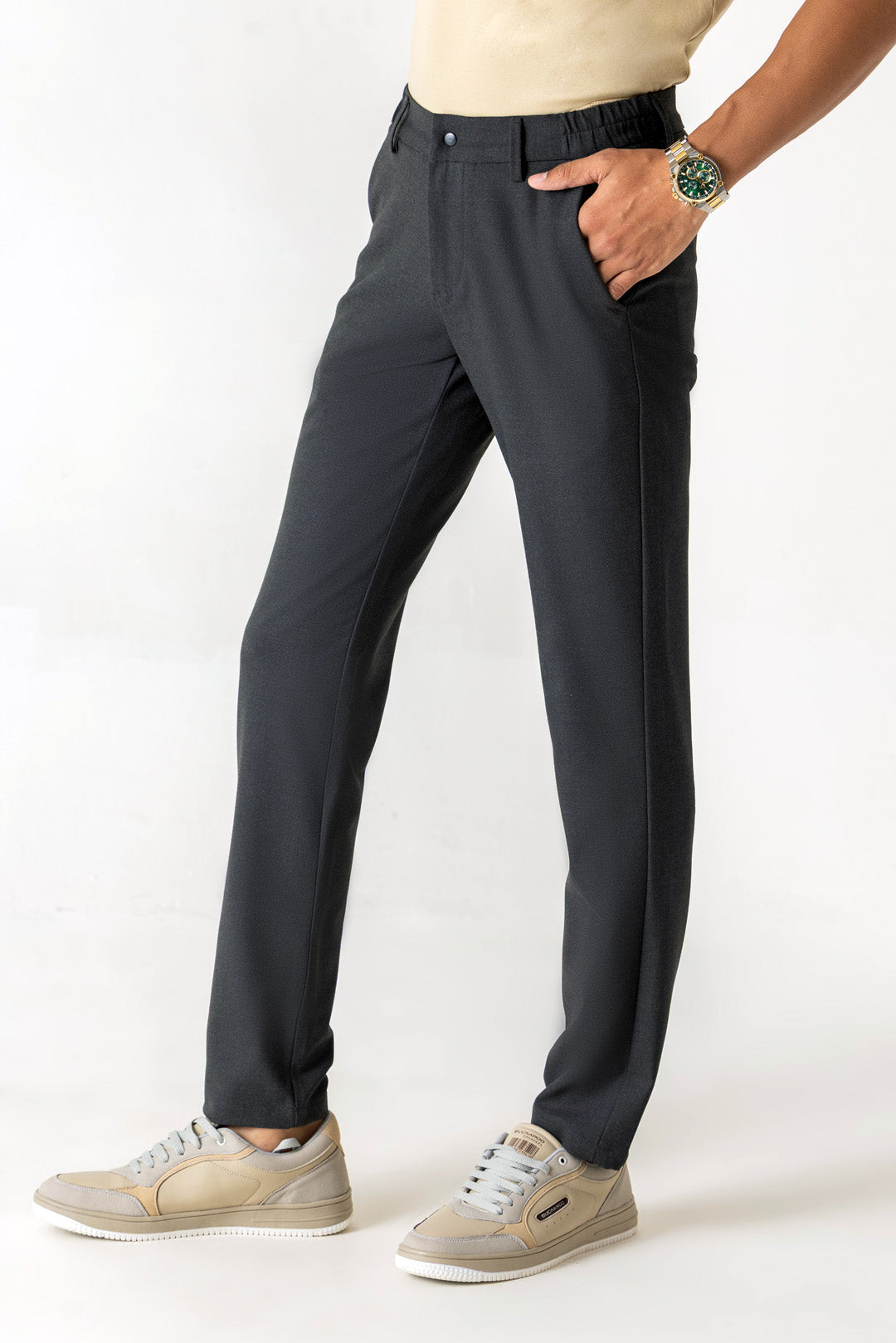 Comfort Expand Waist Slim Straight Dark Grey Colour Trousers
