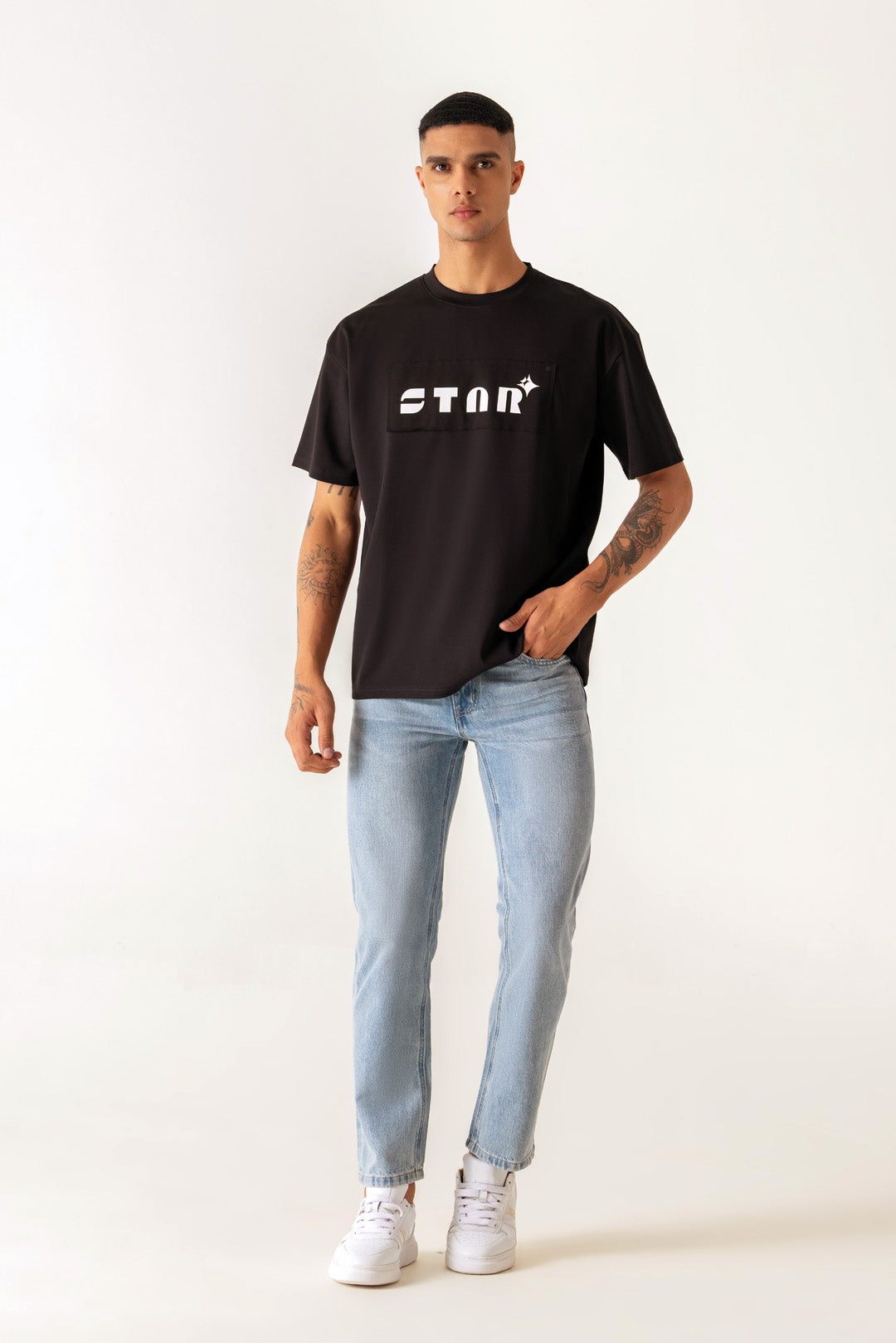 Star Print Black Colour Crew Neck Oversized T-Shirt