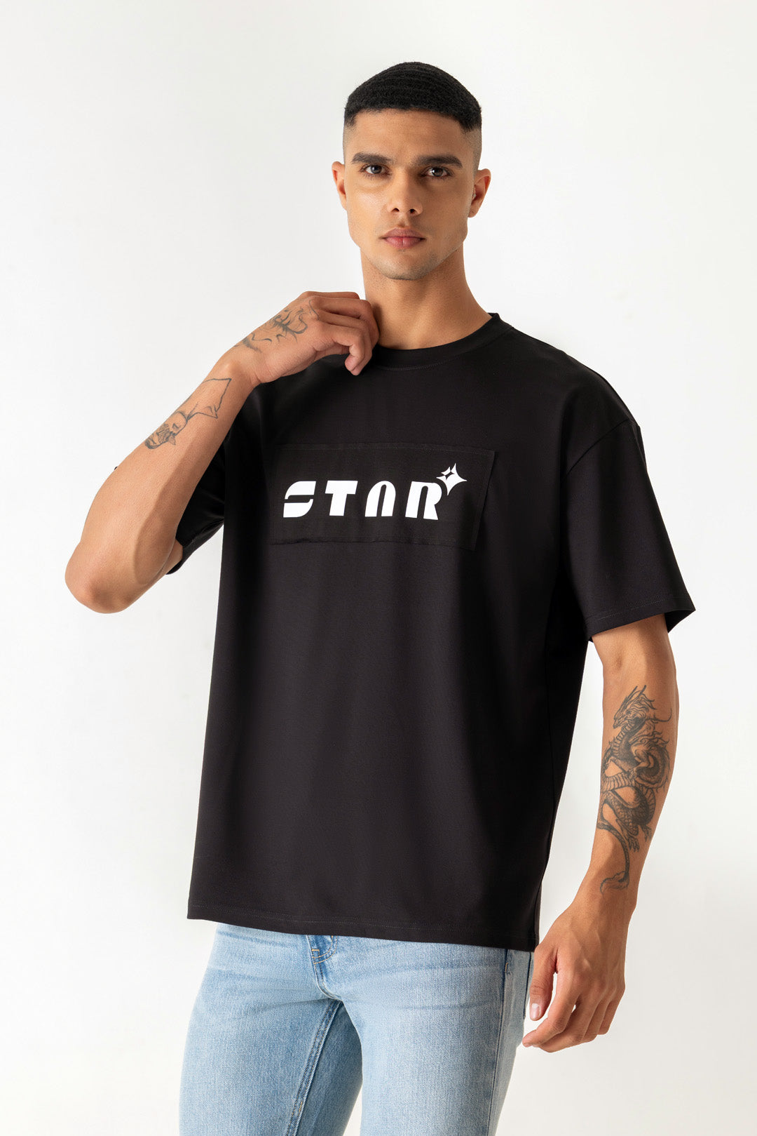 Star Print Black Colour Crew Neck Oversized T-Shirt