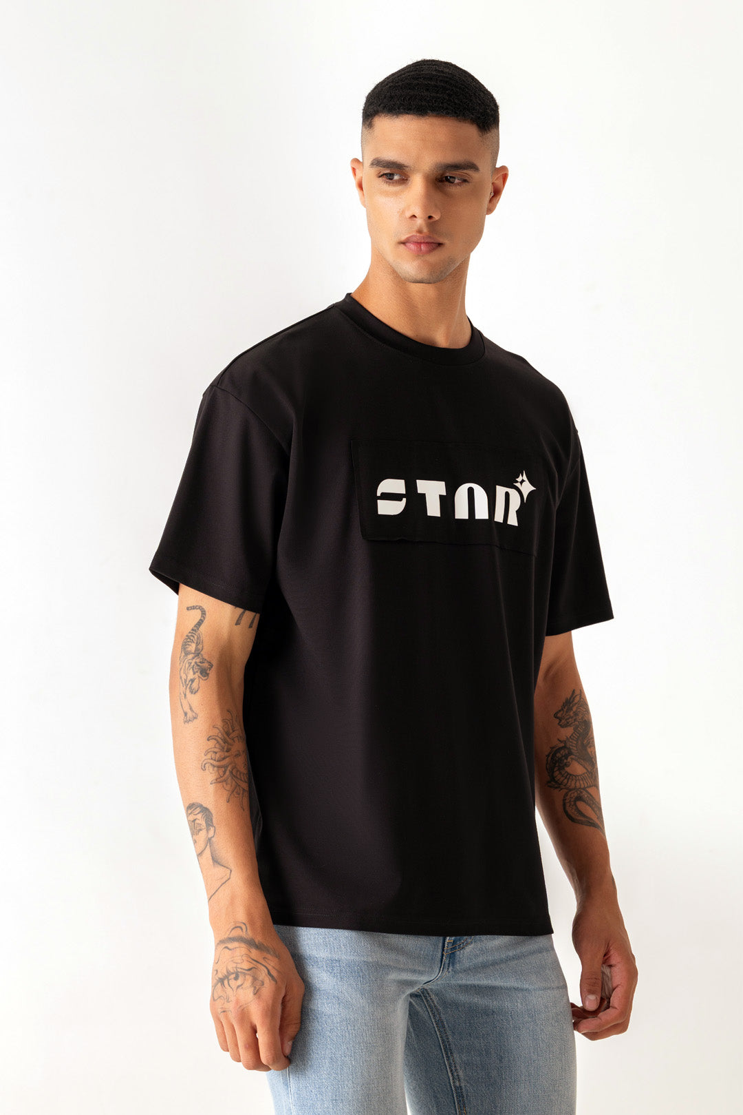 Star Print Black Colour Crew Neck Oversized T-Shirt