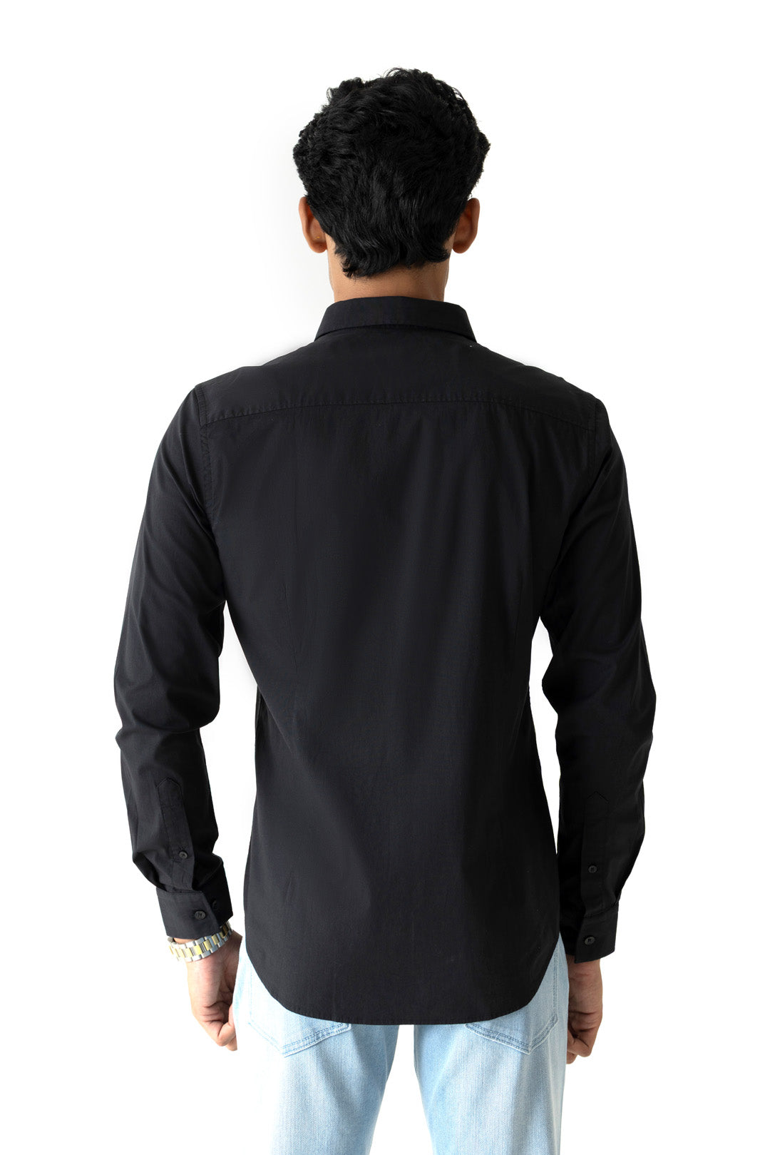 Solid Black Cotton Slim Fit Regular Collar Full Sleeve Shirt