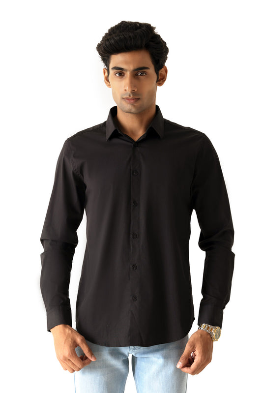 Solid Black Cotton Slim Fit Regular Collar Full Sleeve Shirt