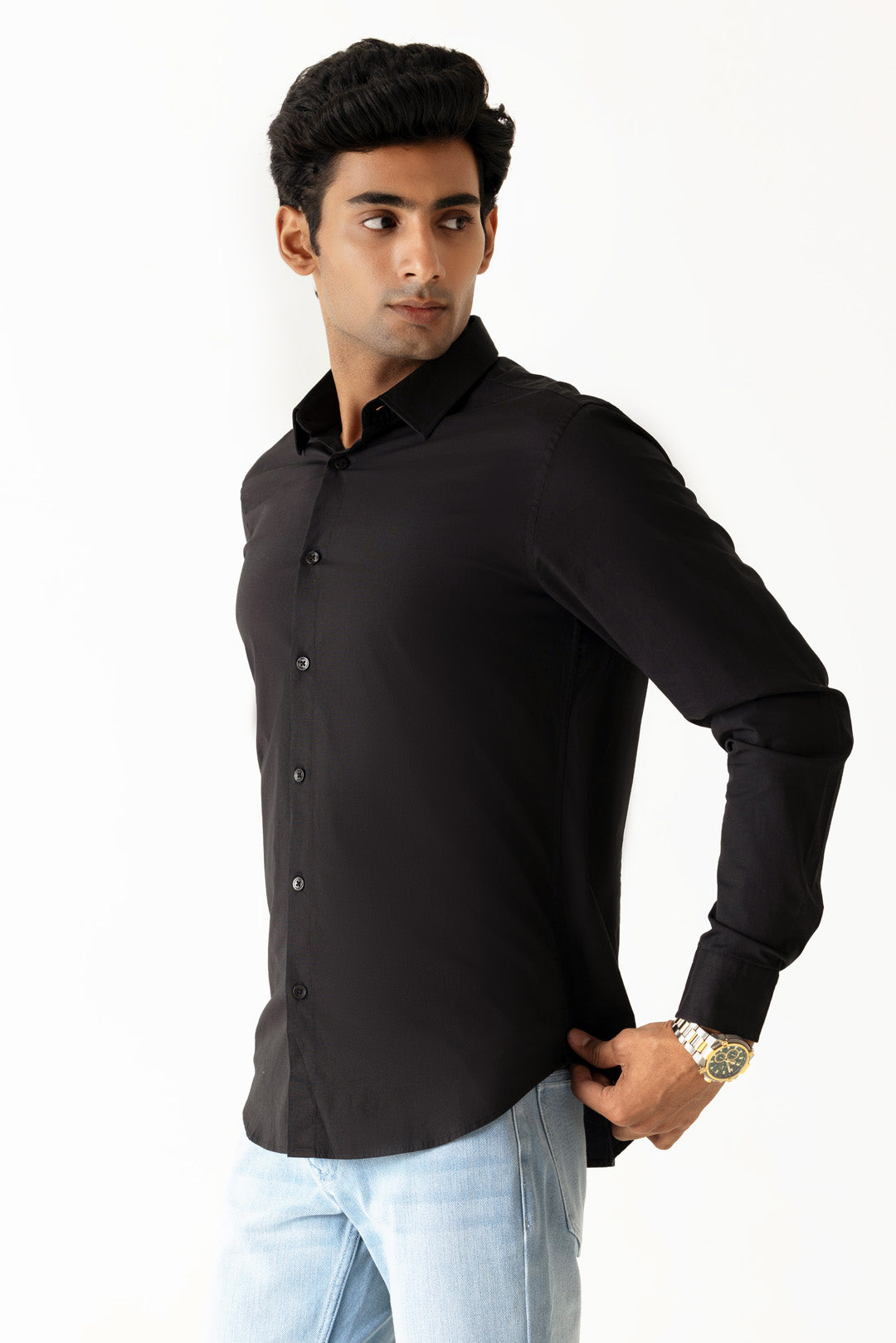Solid Black Cotton Slim Fit Regular Collar Full Sleeve Shirt